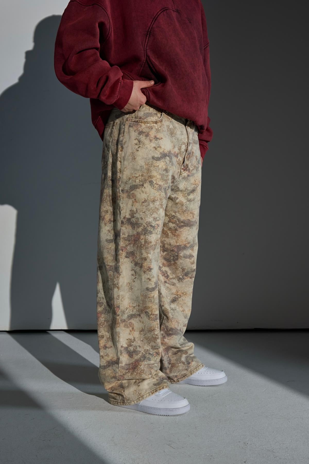 Camo Desenli Krem Baggy Jean Pantolon