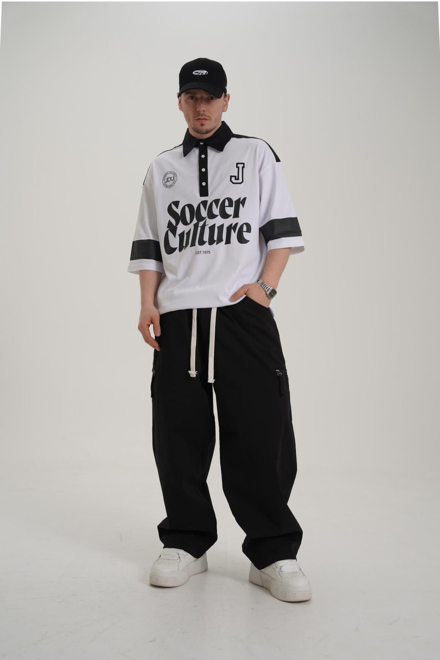 Soccer Baskılı Beyaz Polo Yaka Oversize Tshirt