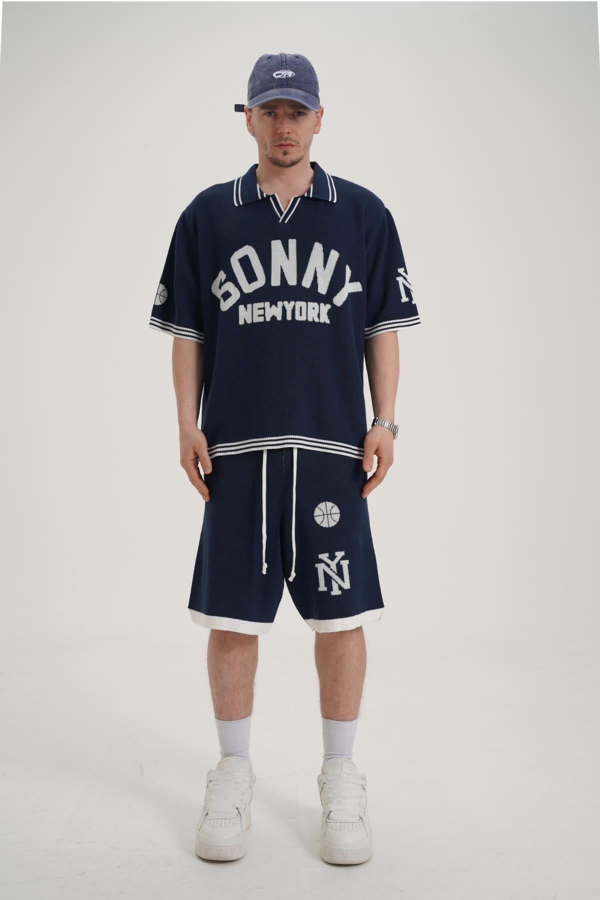 Sonny Desenli Triko Kumaş Lacivert Oversize Tshirt