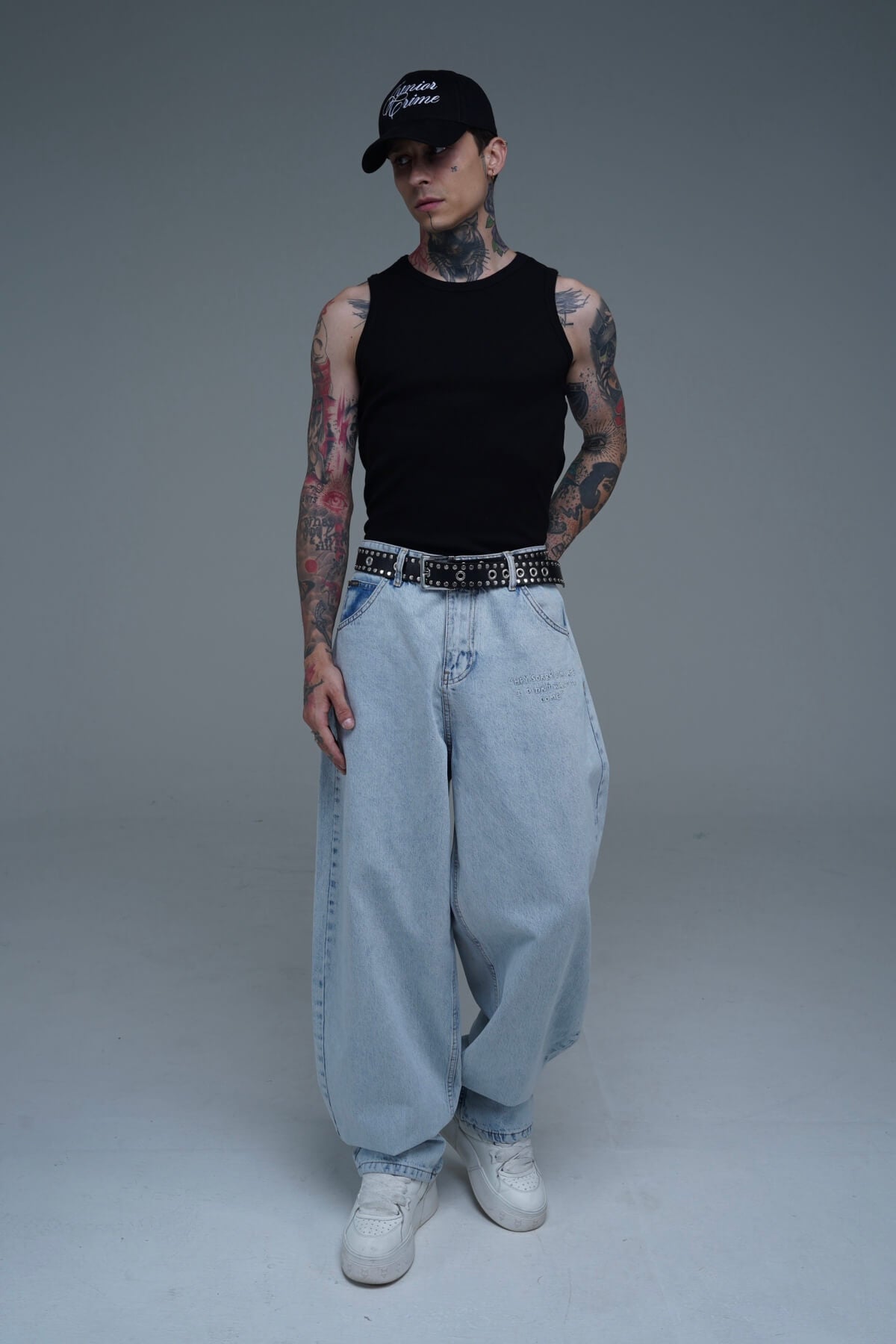 Nakış Detay Mavi Baggy Jean Pantolon CT01 6458-5