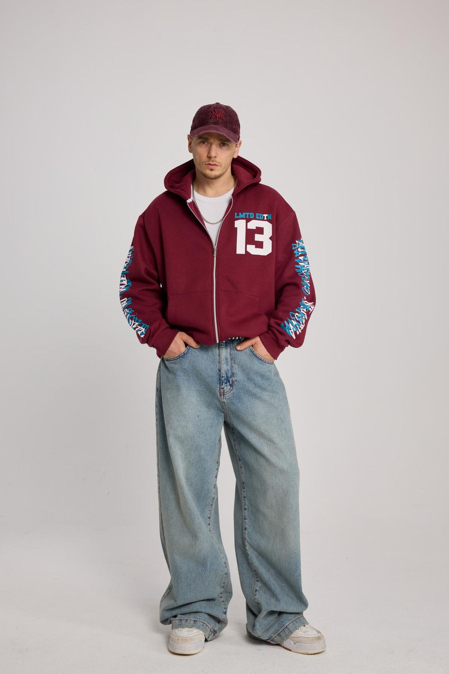 Baskılı Bordo Oversize Limited Zipper Hoodie