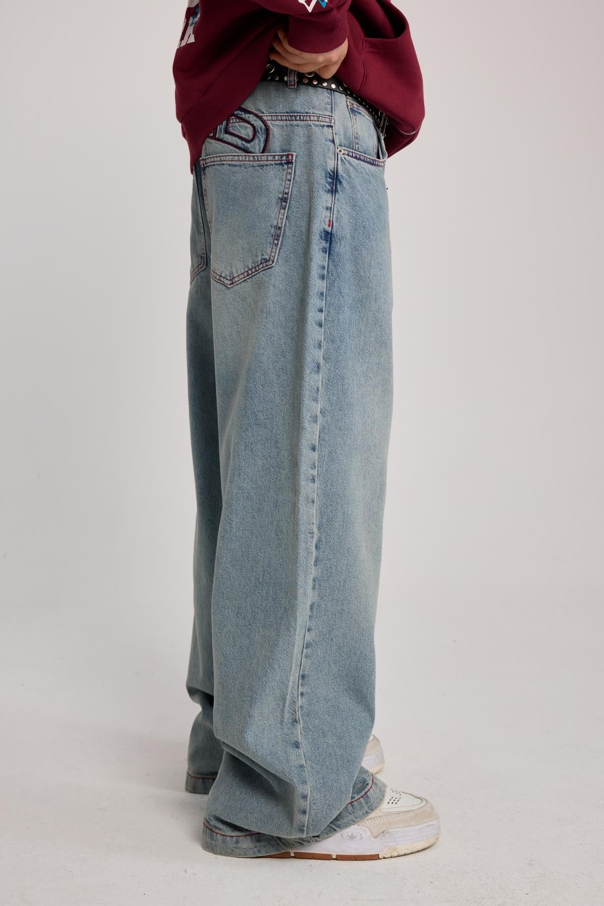 Kontrast Dikiş Mavi Baggy Jean Pantolon