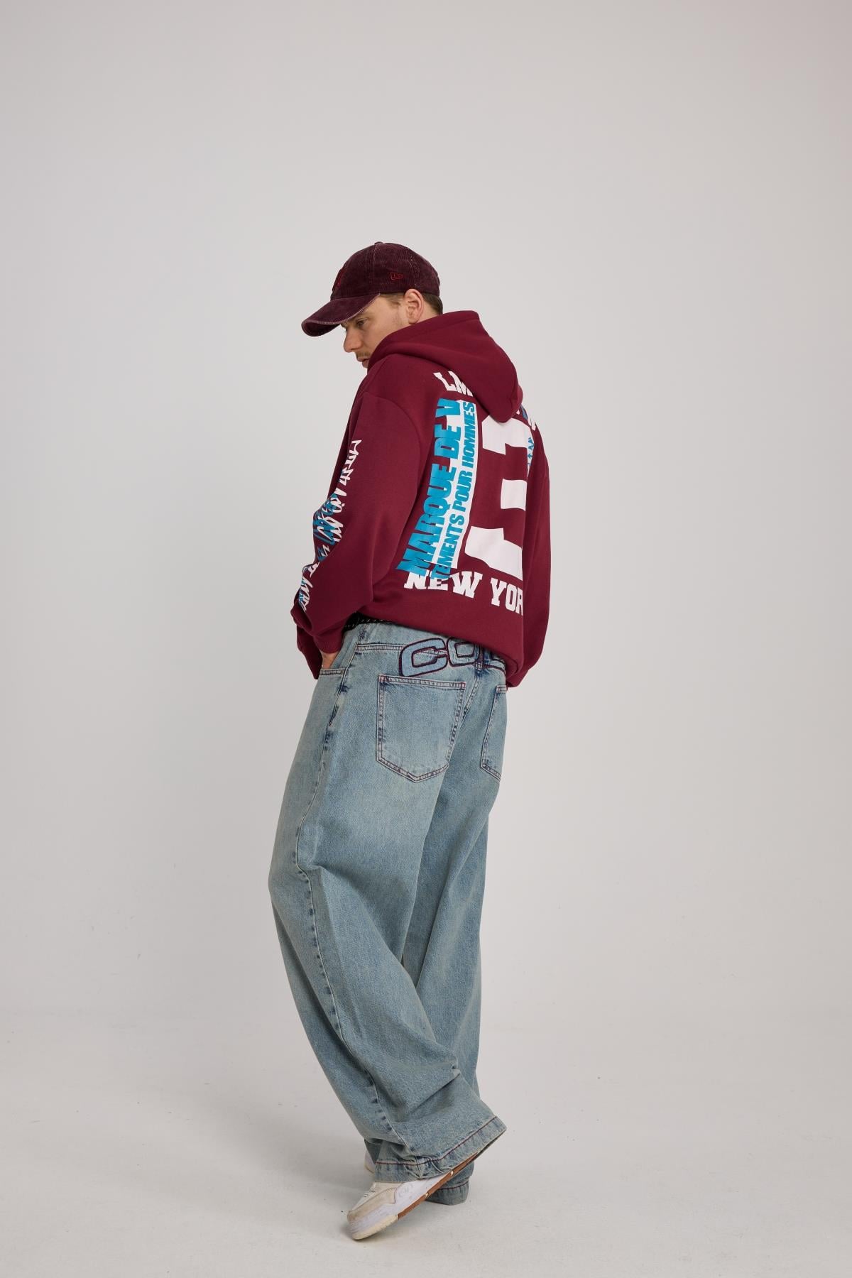 Kontrast Dikiş Mavi Baggy Jean Pantolon