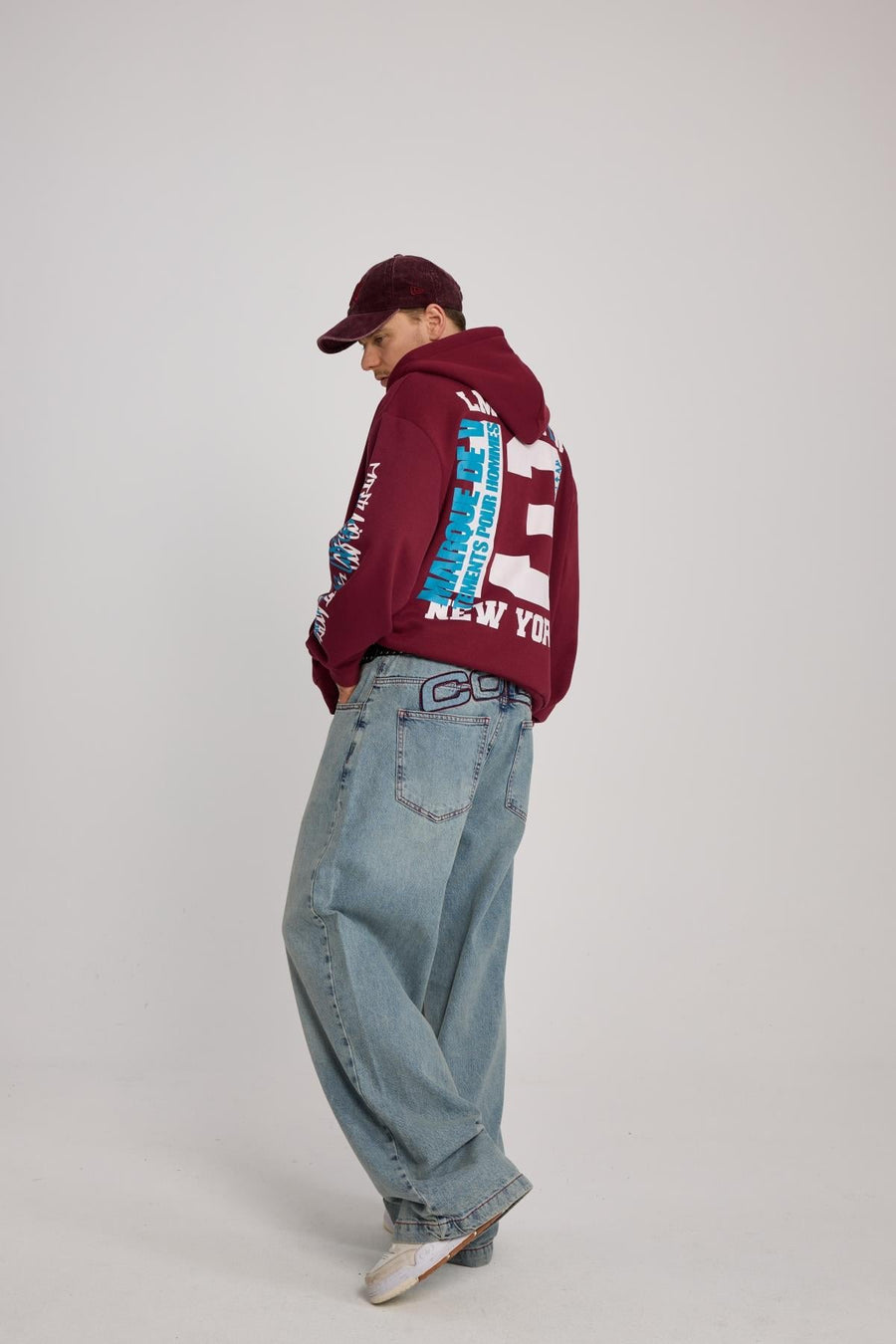 Kontrast Dikiş Mavi Baggy Jean Pantolon