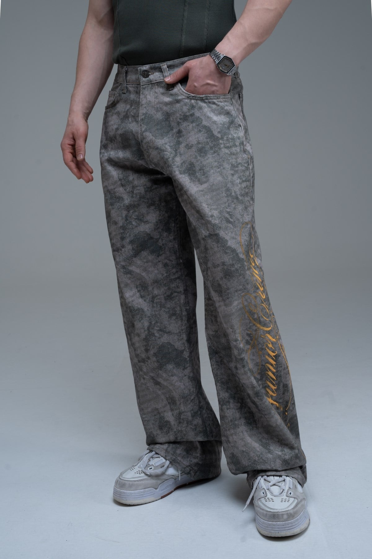 JR Signature Eskitme Baskılı Kamuflaj Desen Baggy Jean