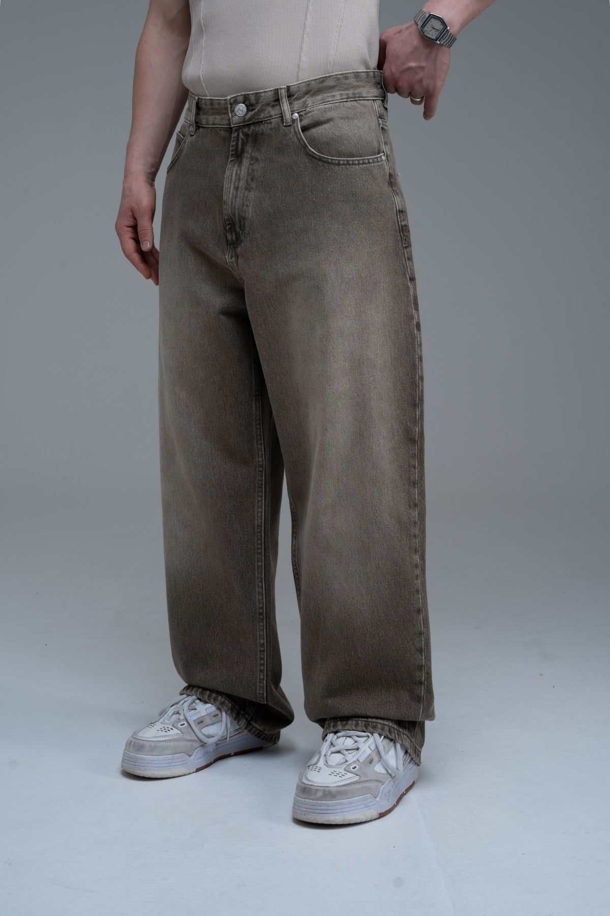 Yıkama Efektli Açık Kahve Baggy Jean