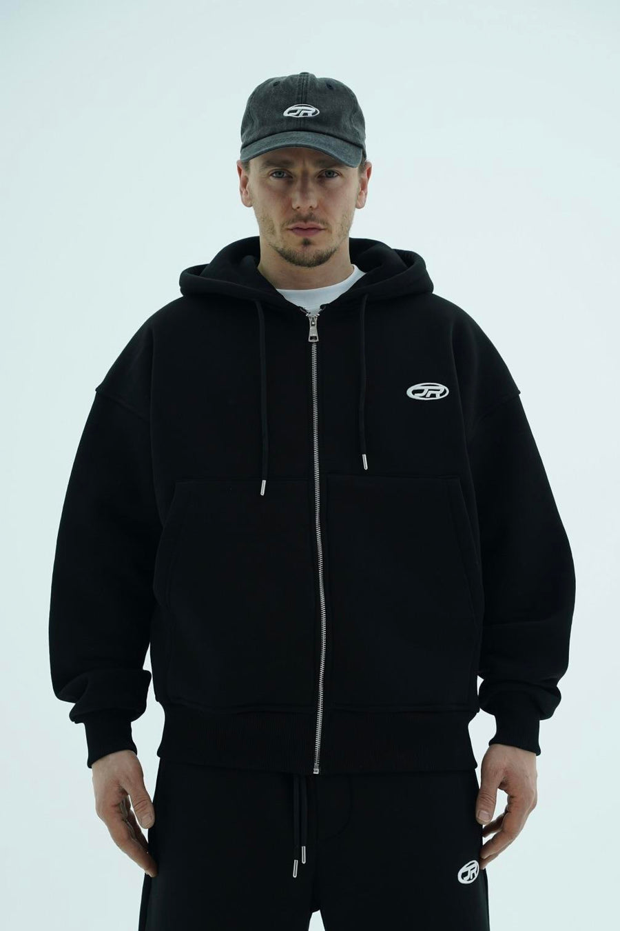 Jr Logo Boxy Kalıp Siyah Oversize Zipper Sweatshirt