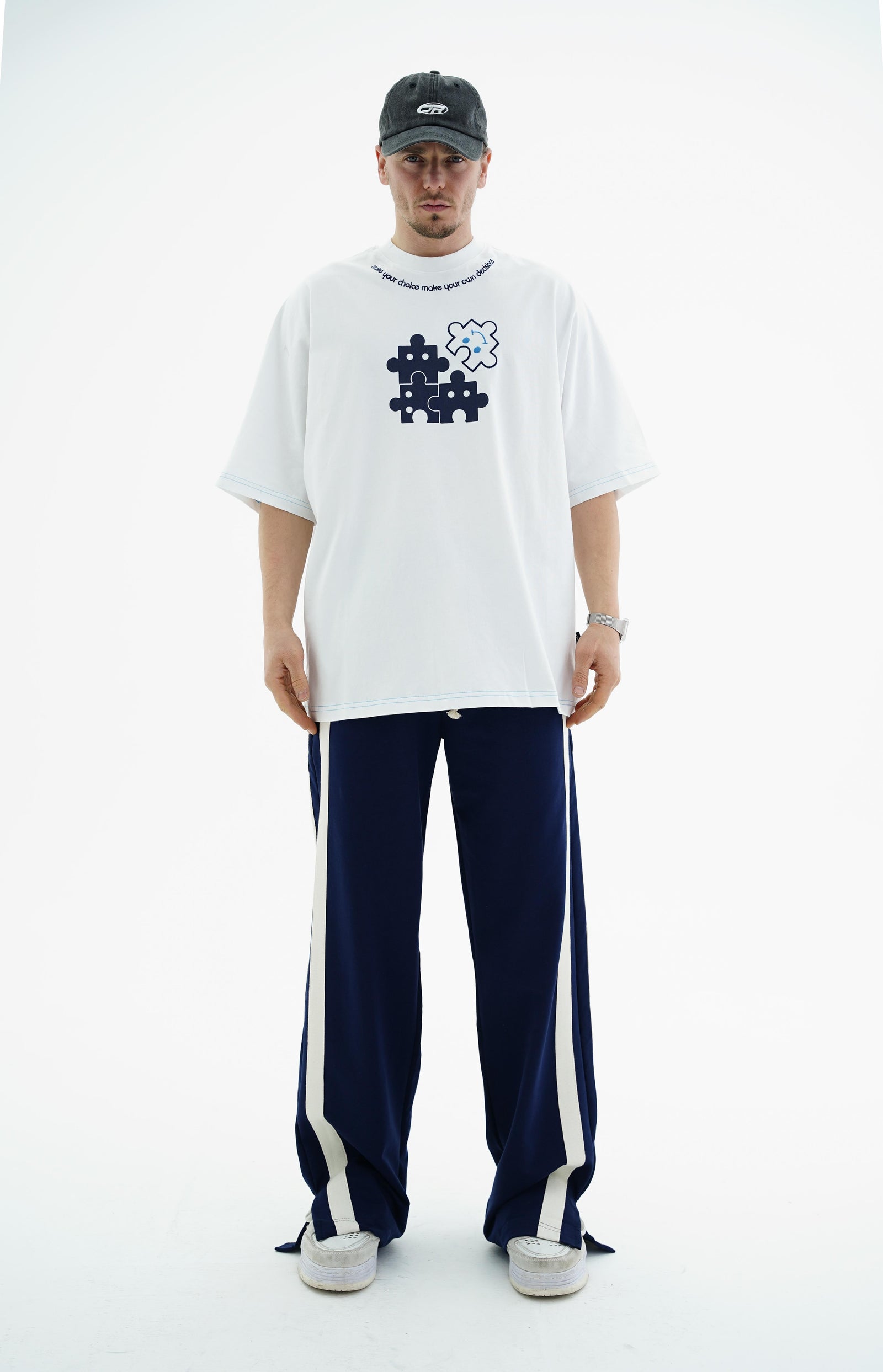 Puzzle Baskılı Beyaz Oversize Tshirt JC01 24Y262