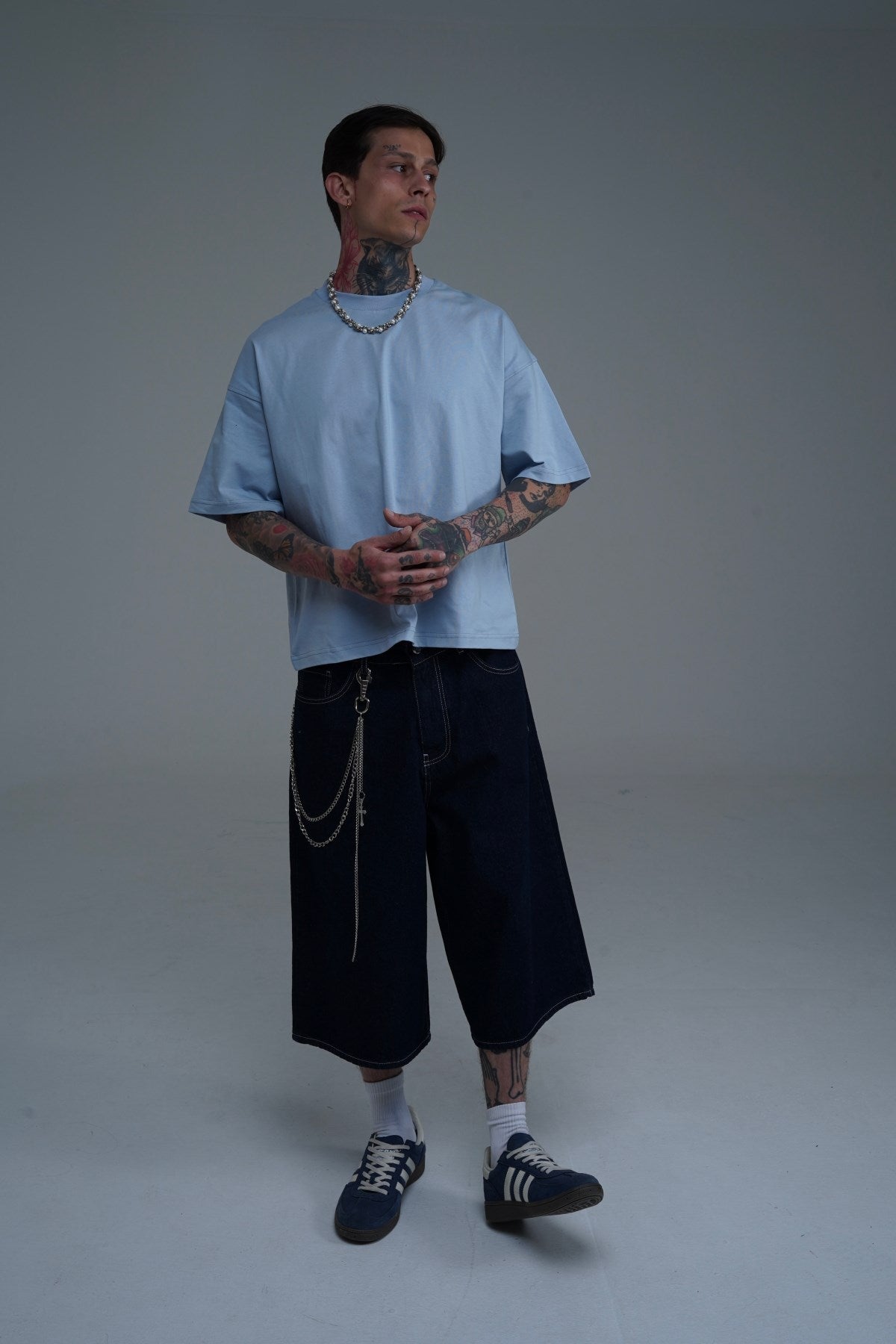 Kontrast Dikiş Lacivert Baggy Jean Şort