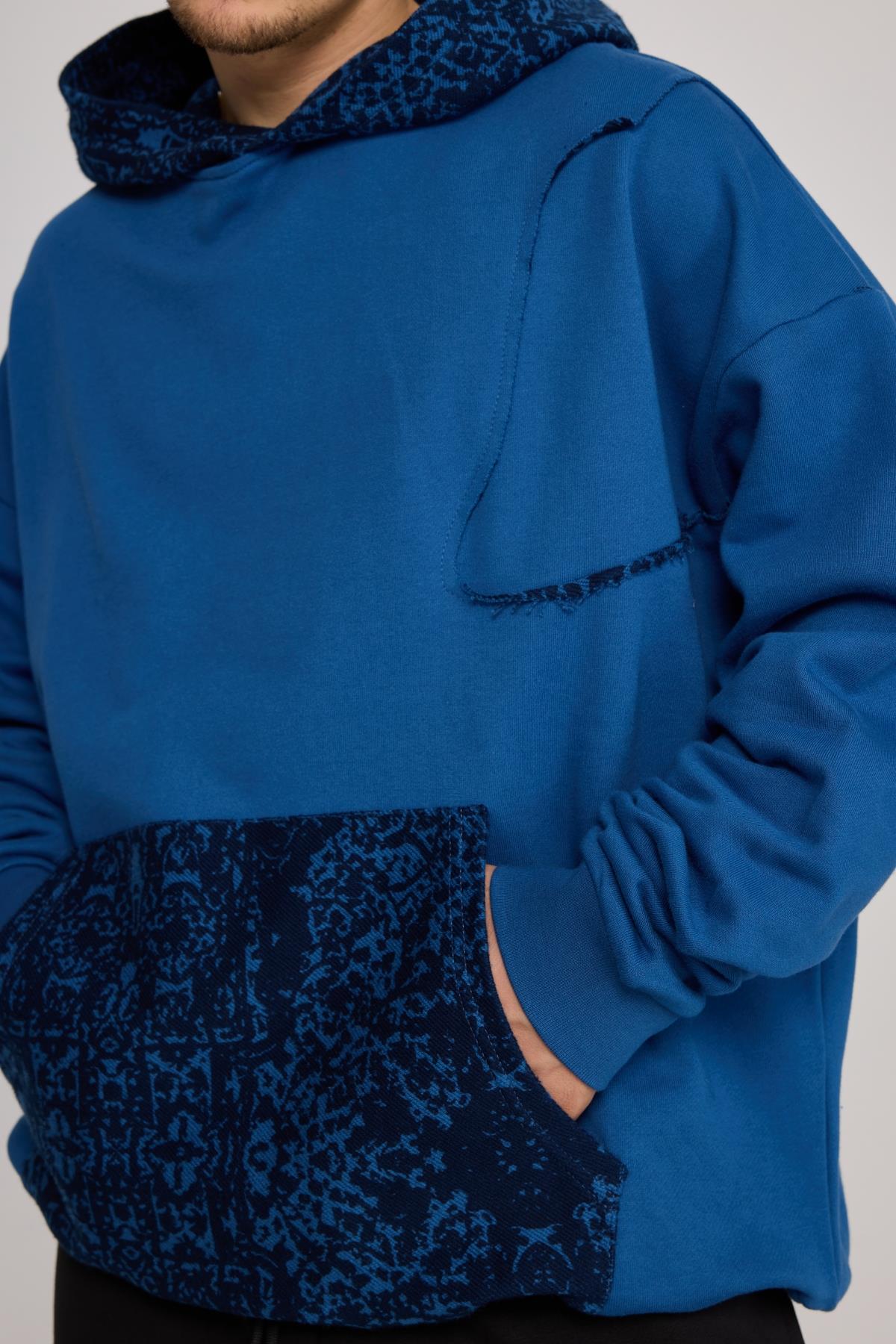 Etnik Desen Detaylı Oversize Mavi Hoodie SR01
