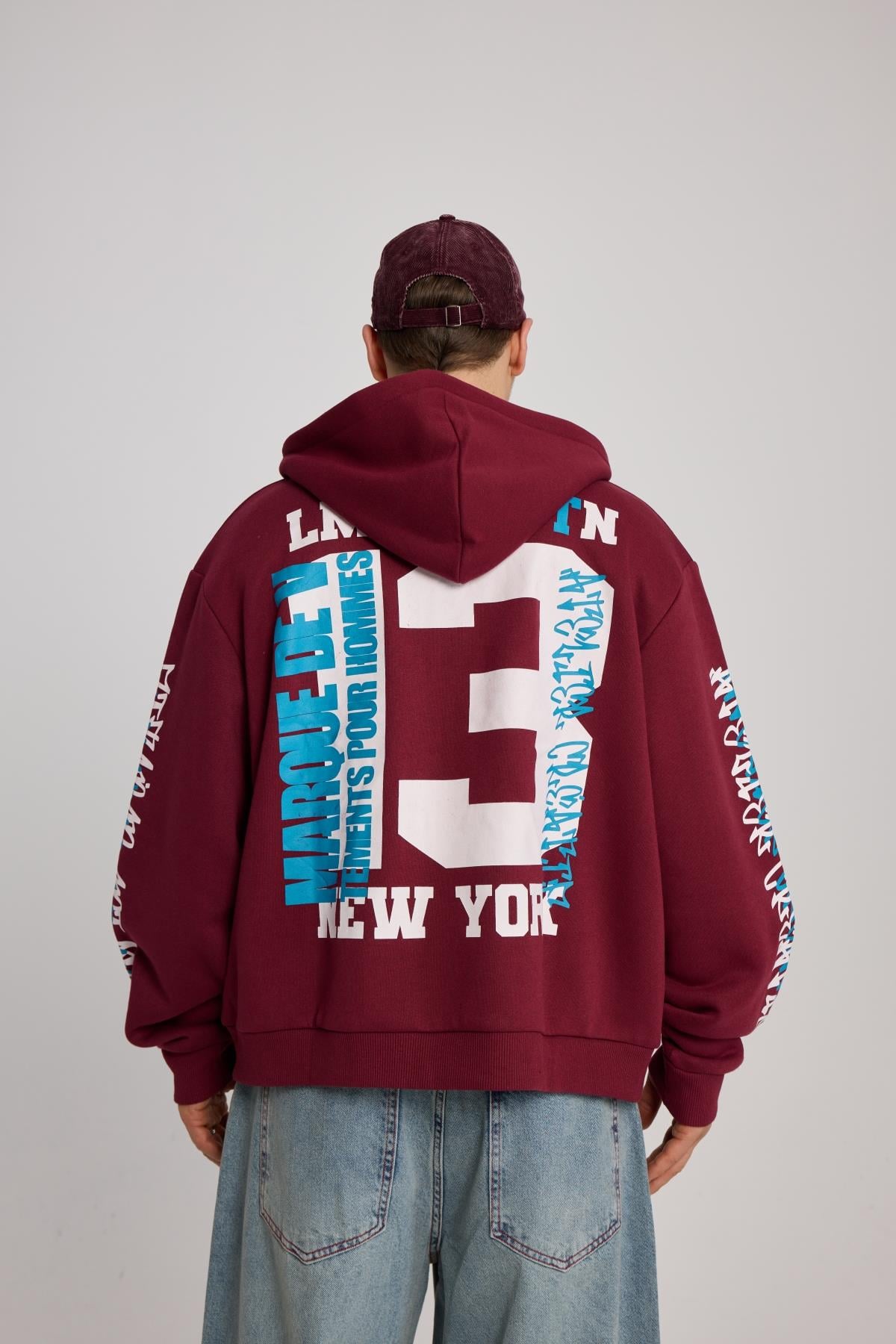 Baskılı Bordo Oversize Limited Zipper Hoodie
