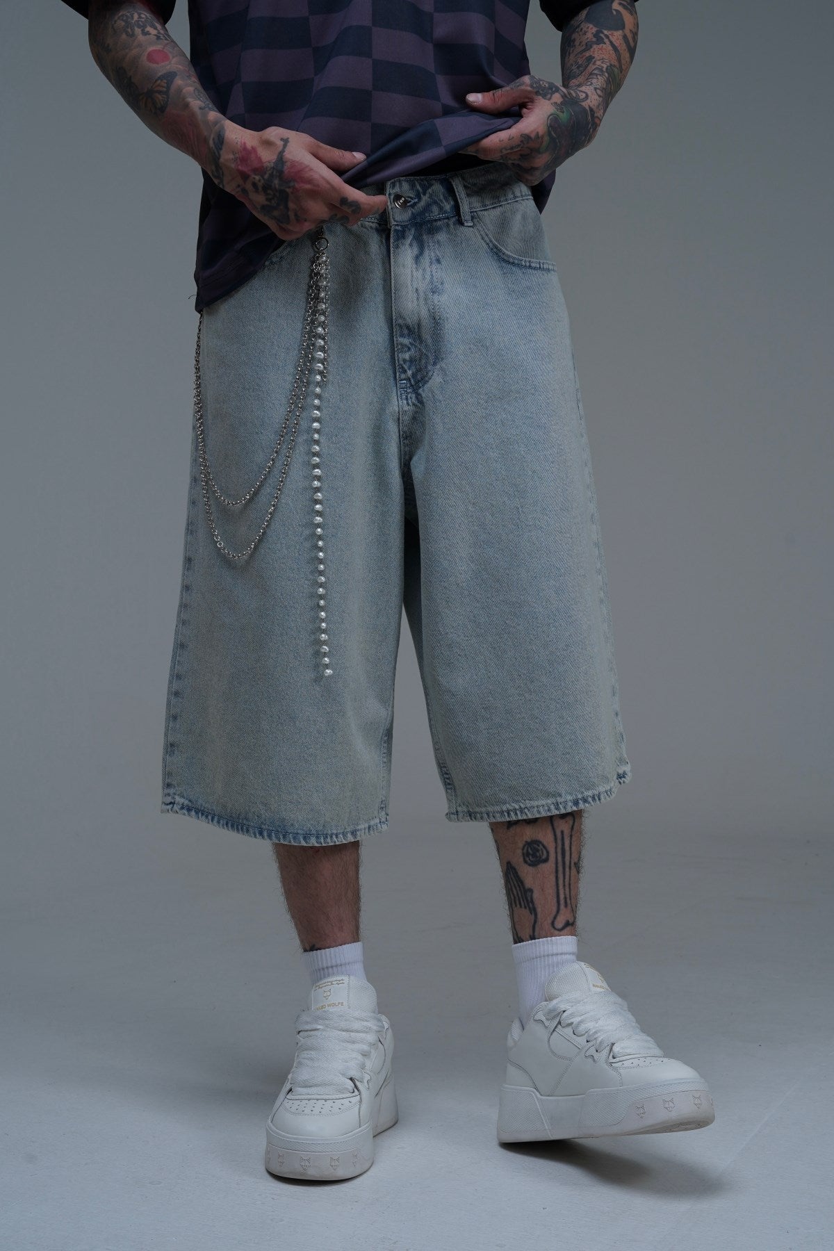 Yıkama Efektli Açık Mavi Baggy Jean Şort