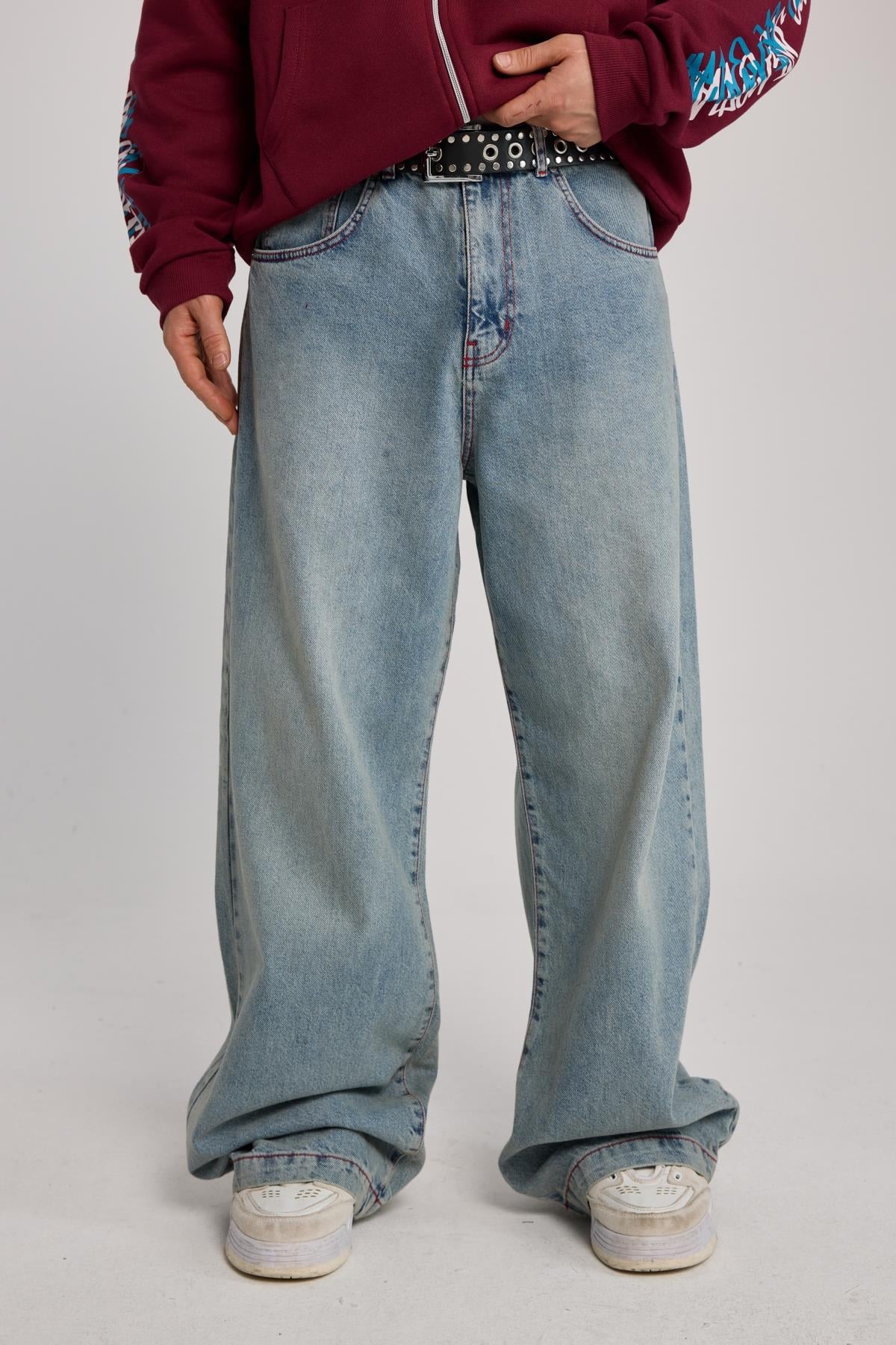 Kontrast Dikiş Mavi Baggy Jean Pantolon