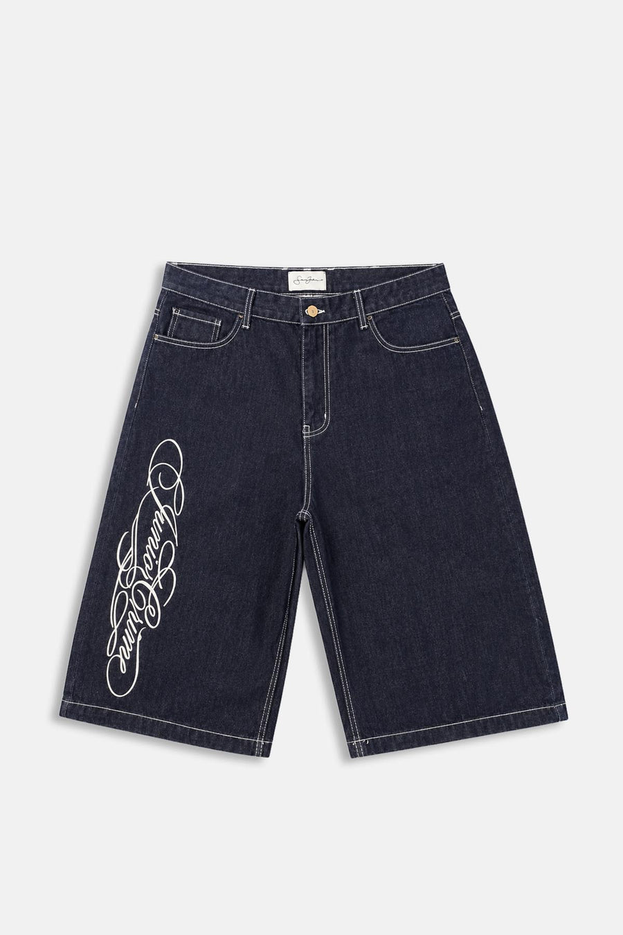 Jr Signature Nakışlı Kontrast Dikiş Lacivert Jean Şort