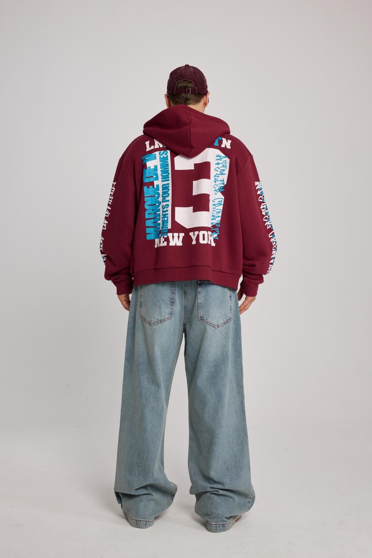 Kontrast Dikiş Mavi Baggy Jean Pantolon