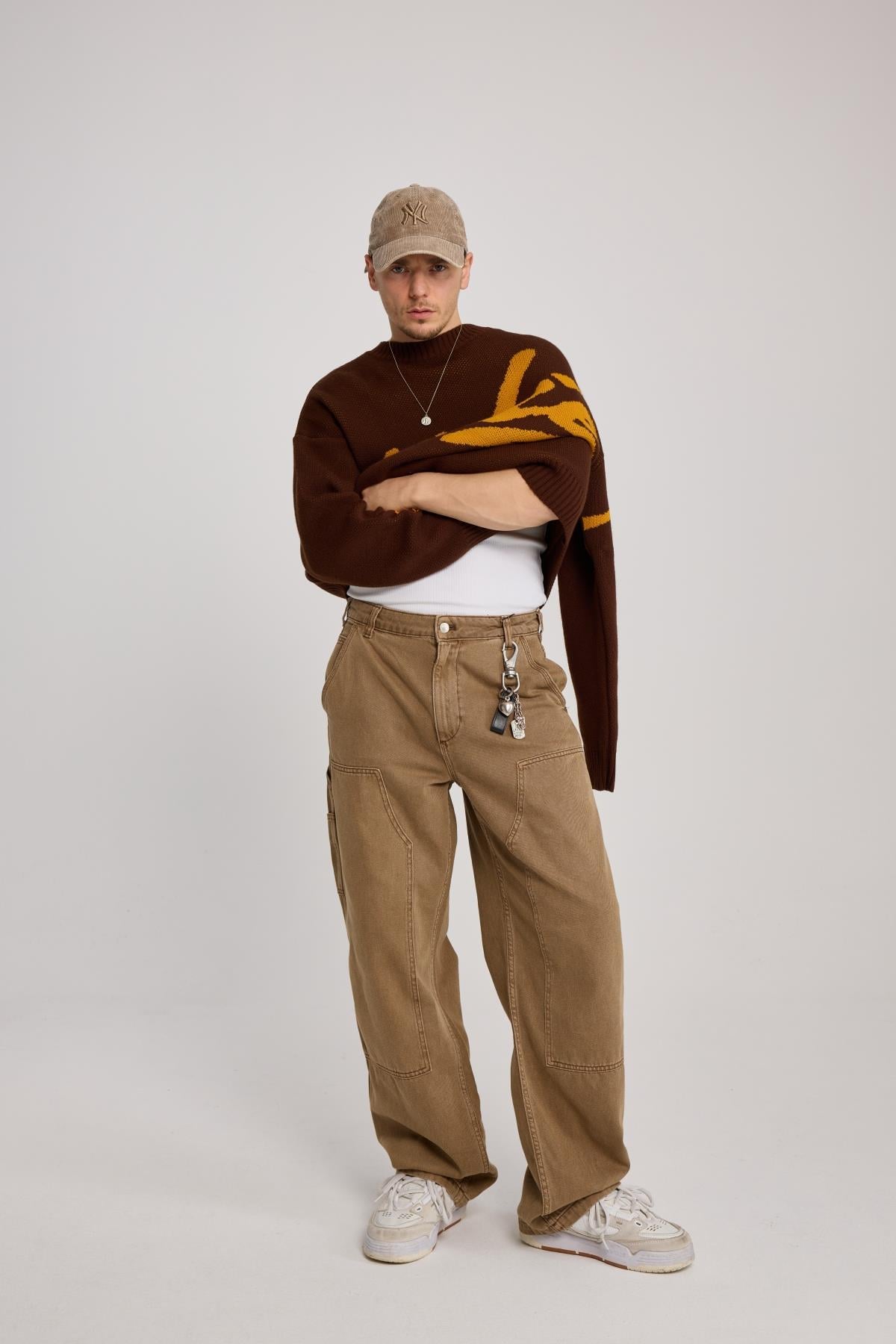 Blok Detay Kahverengi Carpenter Baggy Pantolon