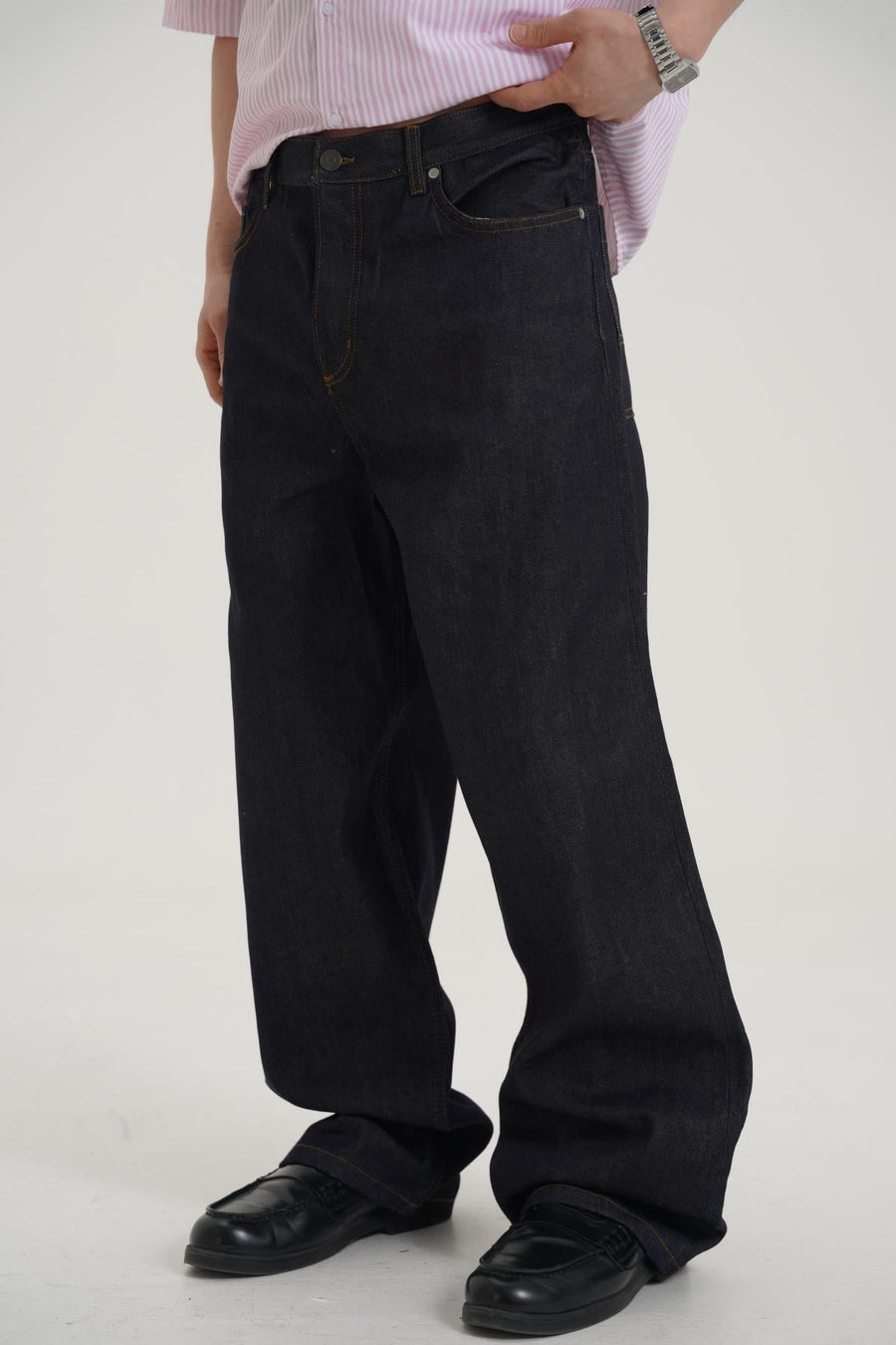 Kontrast Dikiş Wide Leg Baggy Raw Denim