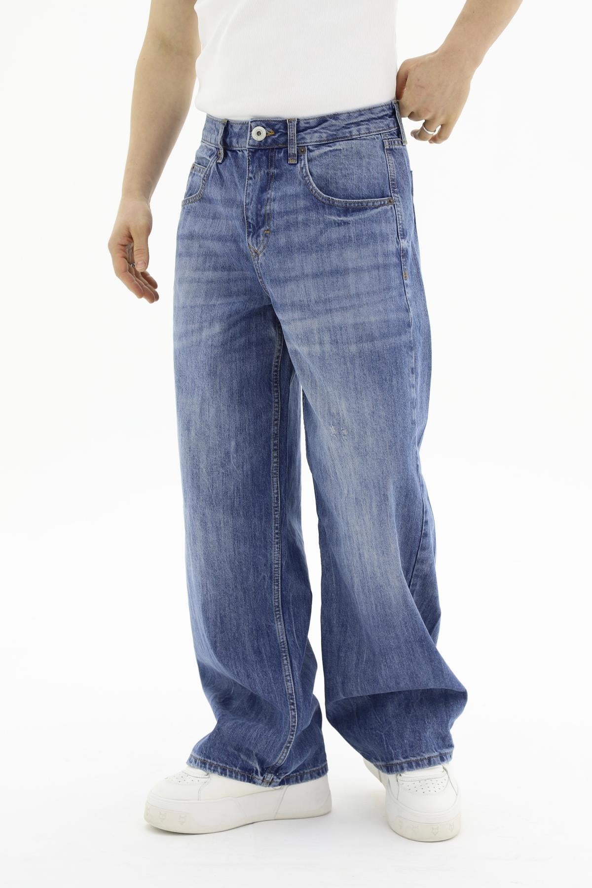 Yıkama Efektli Yırtık Detay Baggy Jean Pantolon