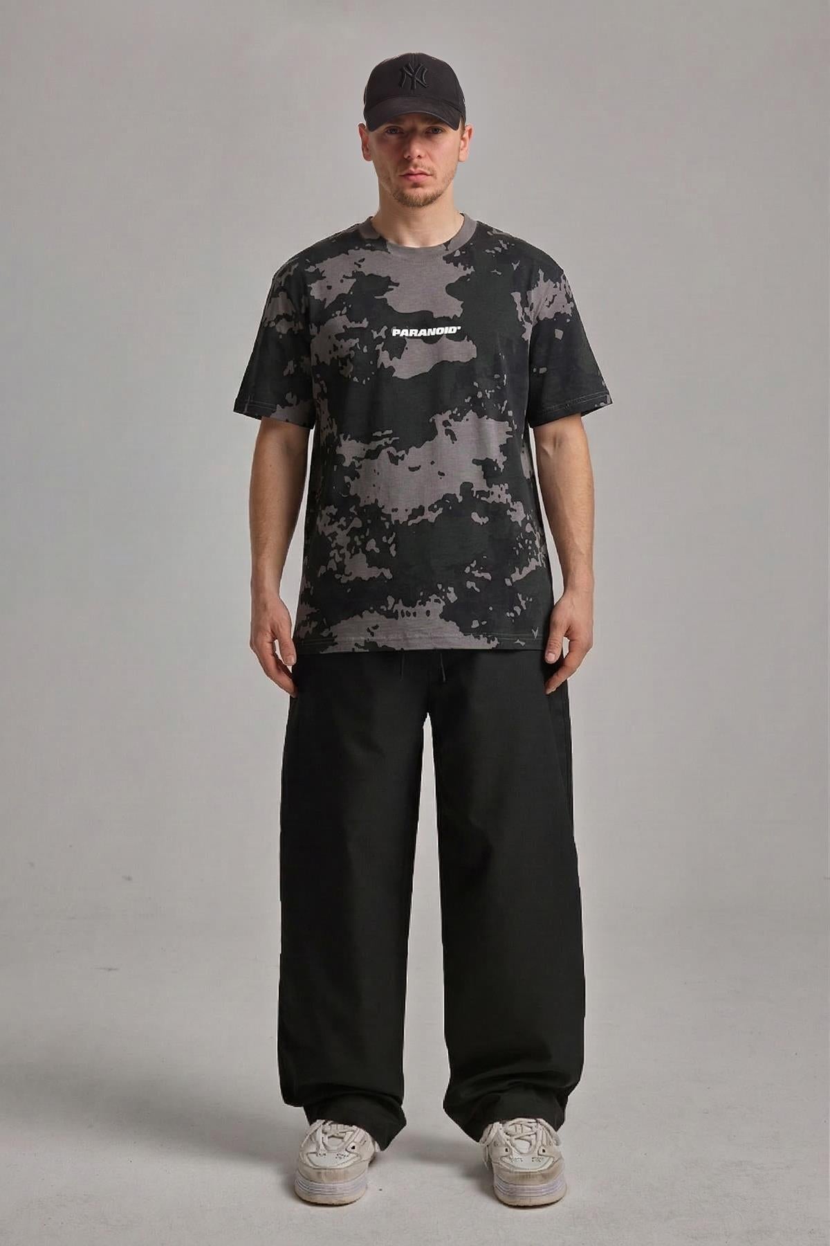 Paranoid Baskılı Batik Desenli Siyah Oversize Tshirt