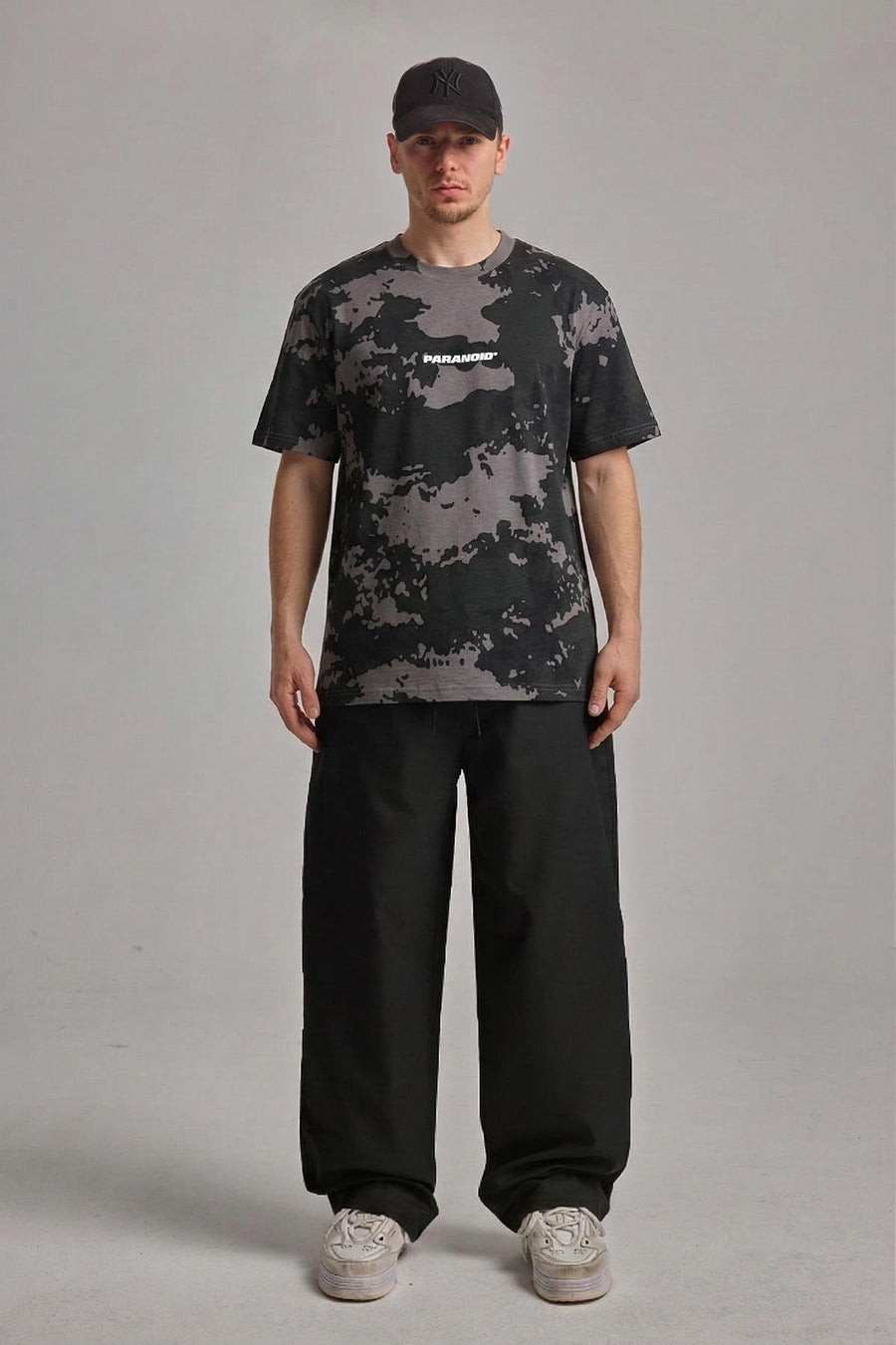 Paranoid Baskılı Batik Desenli Siyah Oversize Tshirt