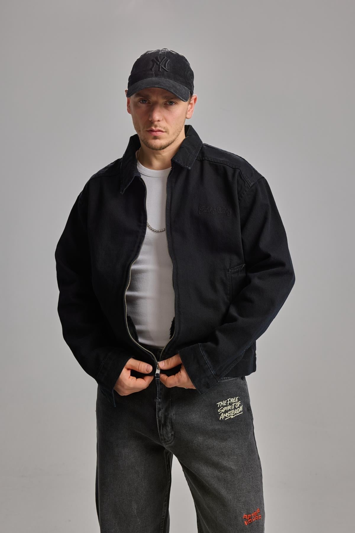 Siyah Nakışlı Oversize Jean Ceket 4615