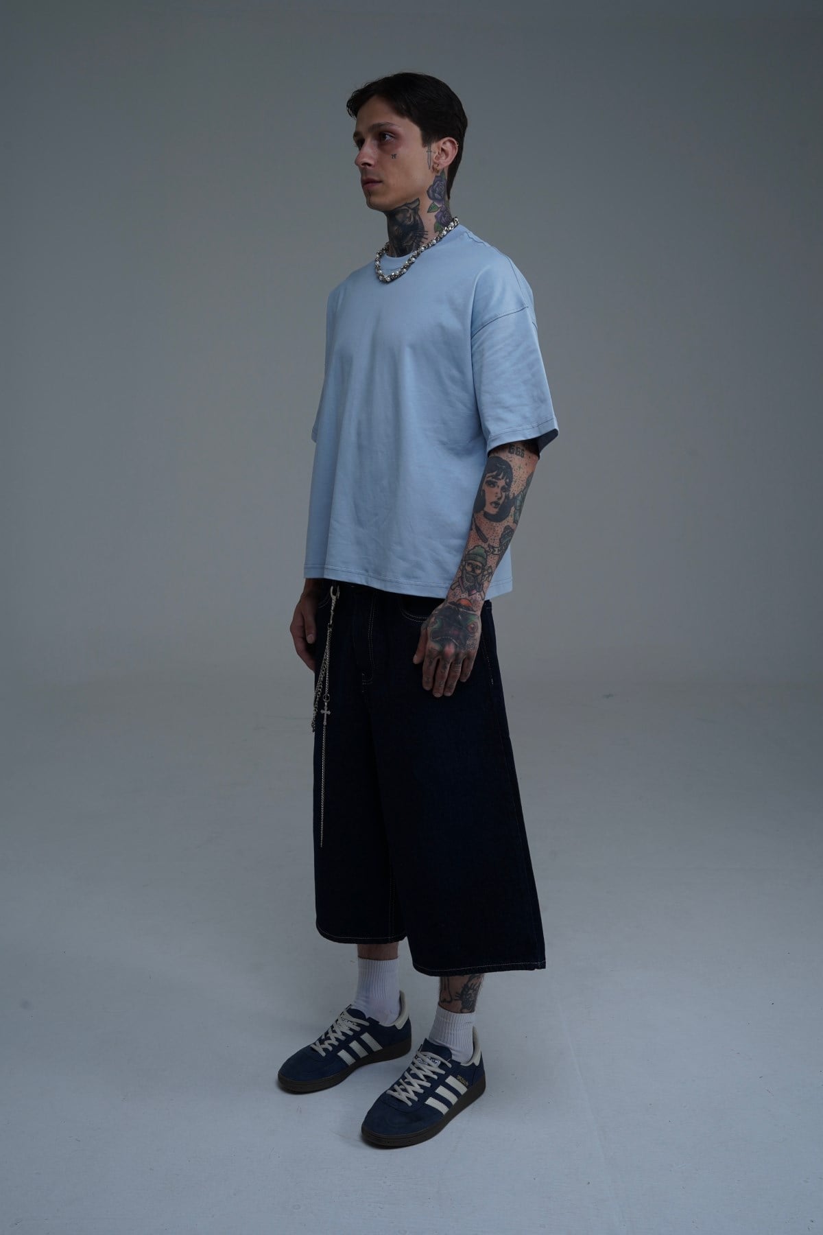 Kontrast Dikiş Lacivert Baggy Jean Şort