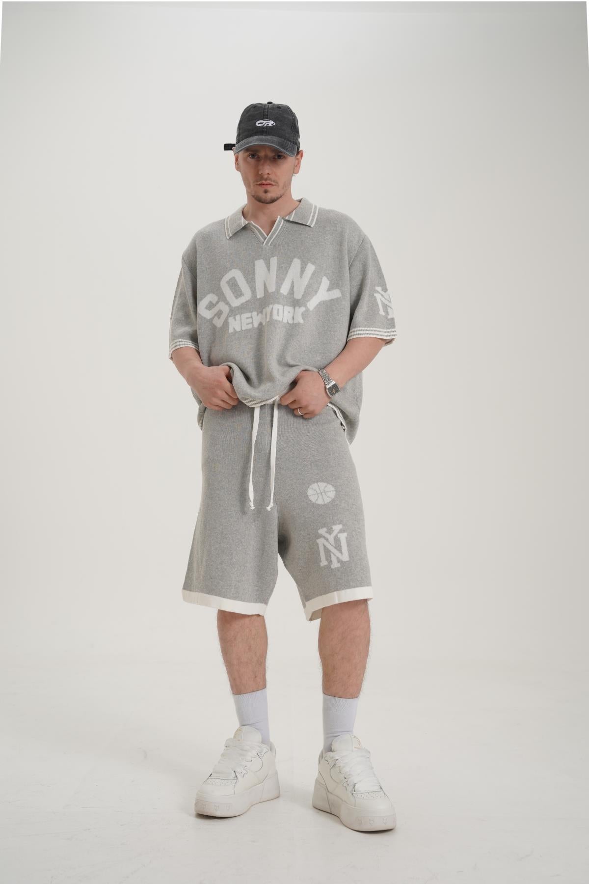 Sonny Desenli Triko Kumaş Gri Oversize Tshirt