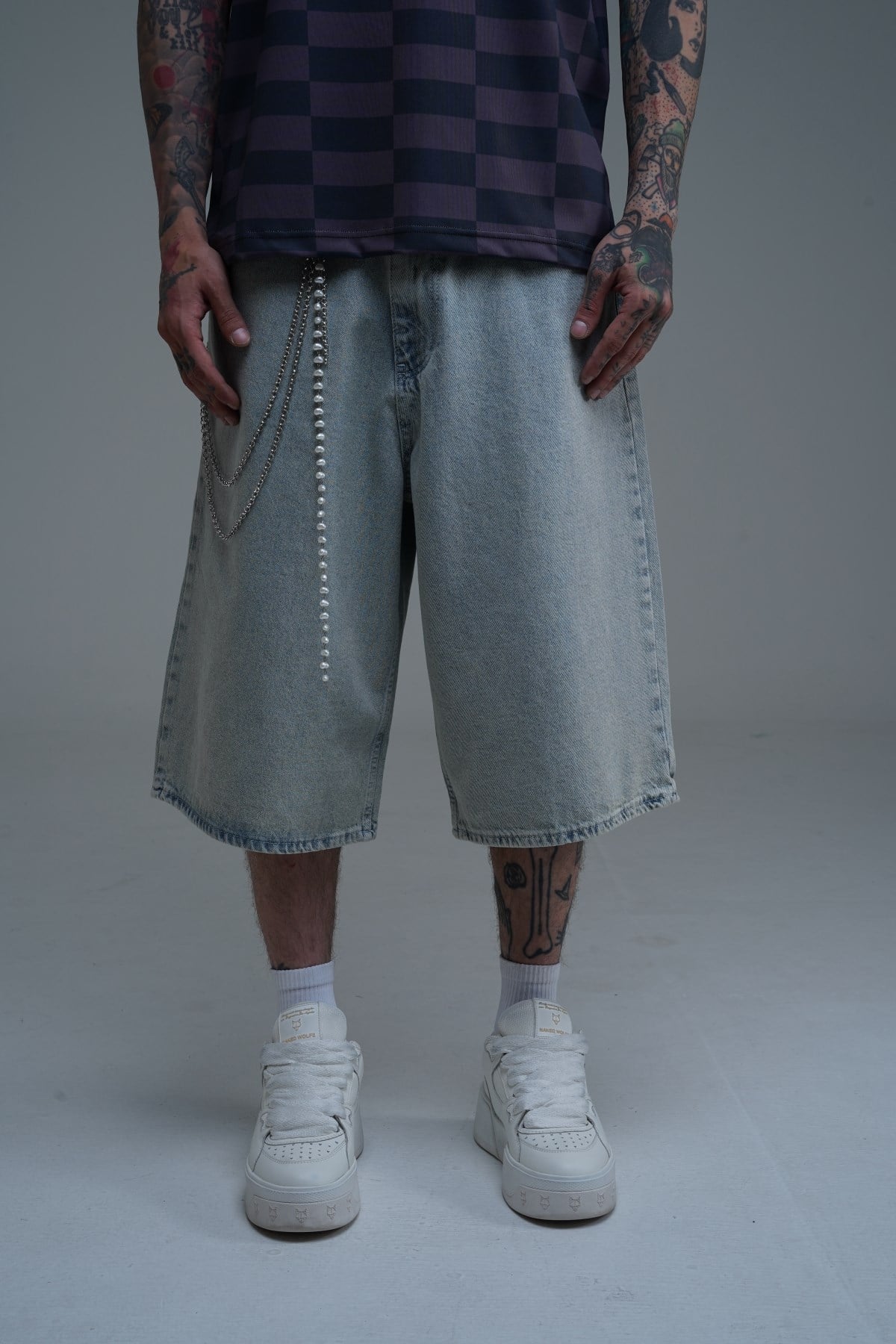 Yıkama Efektli Açık Mavi Baggy Jean Şort