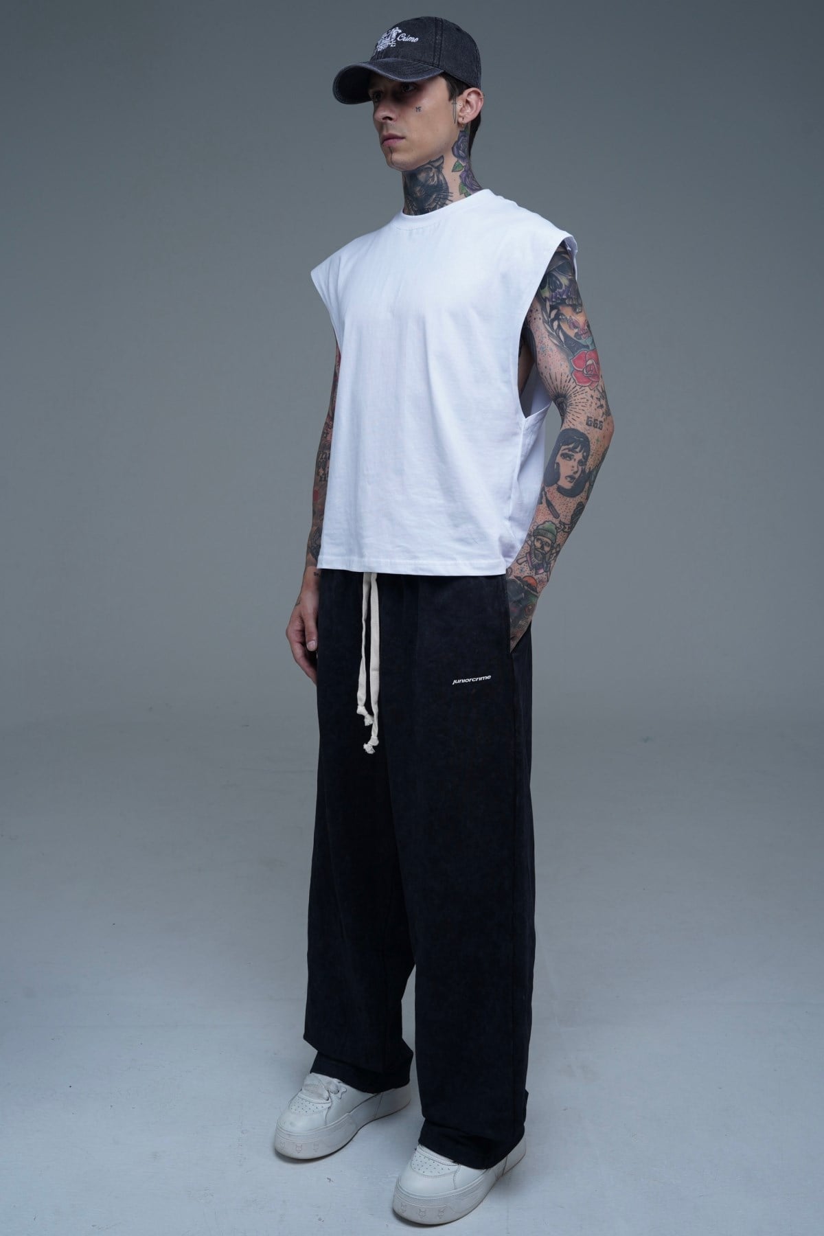 Juniorcrime Baskılı Siyah Acid Wash Baggy Eşofman