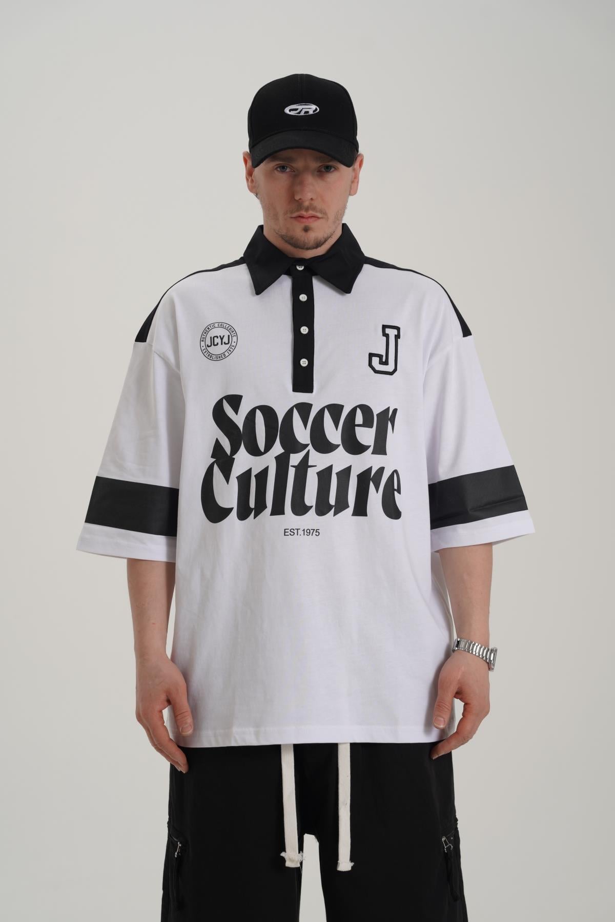 Soccer Baskılı Beyaz Polo Yaka Oversize Tshirt