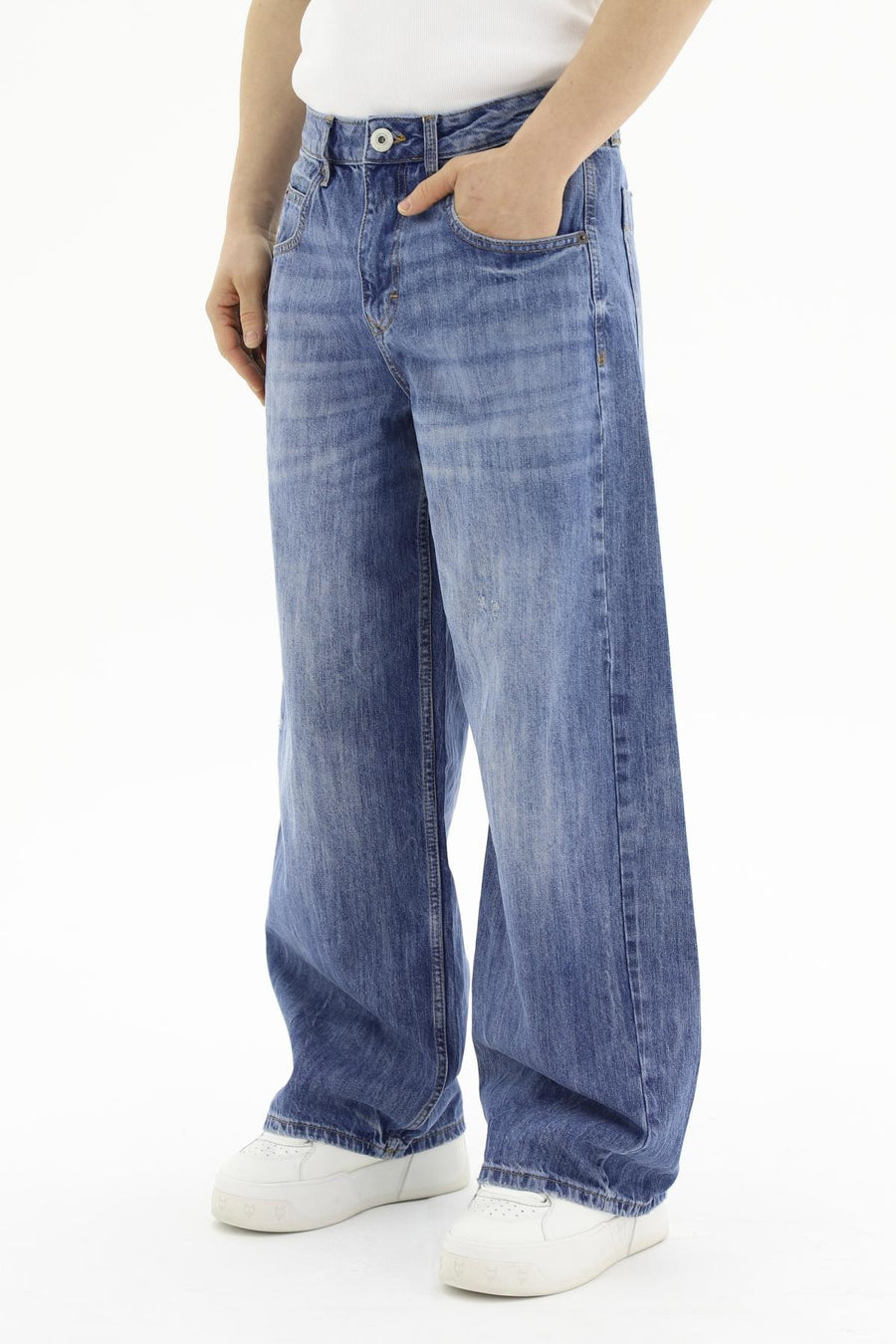 Yıkama Efektli Yırtık Detay Baggy Jean Pantolon