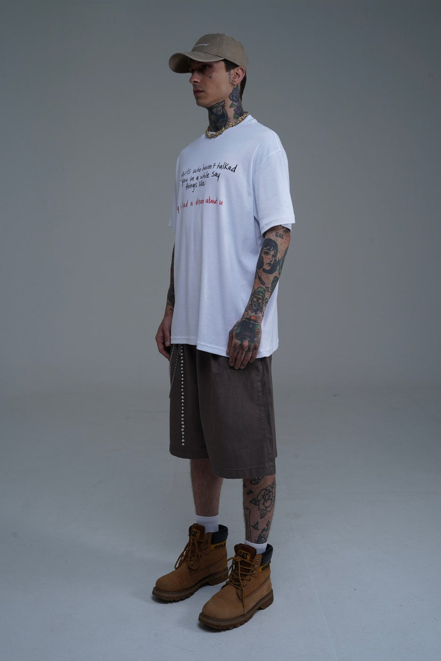 Bisiklet Yaka Baskılı Beyaz Oversize Tshirt CT01 26CY011