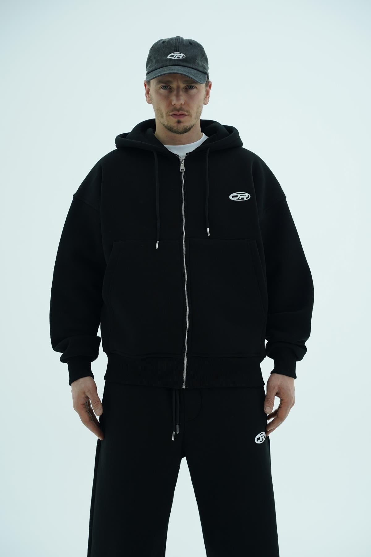 Jr Logo Boxy Kalıp Siyah Oversize Zipper Sweatshirt