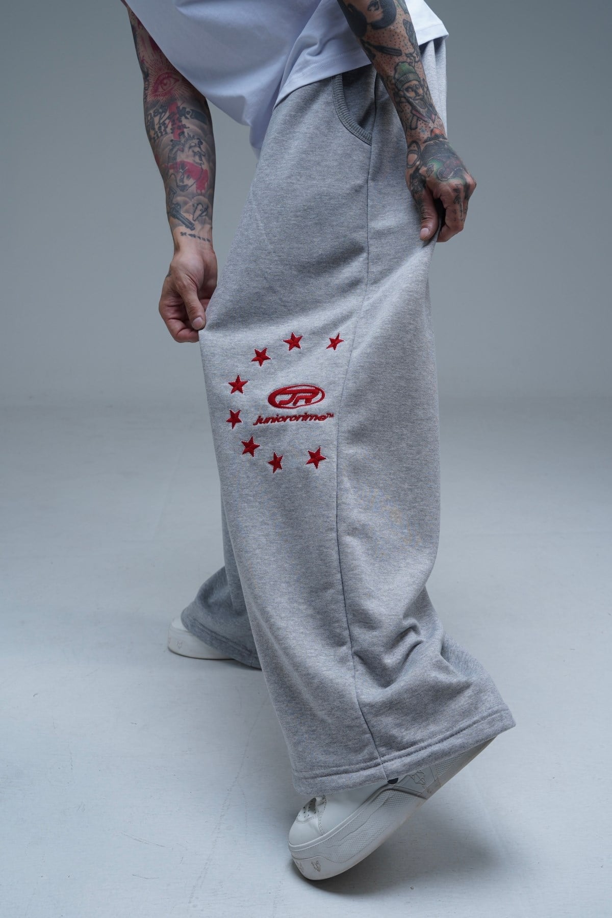 JR Logo Nakışlı Gri Melanj Paça Stoperli Baggy Eşofman