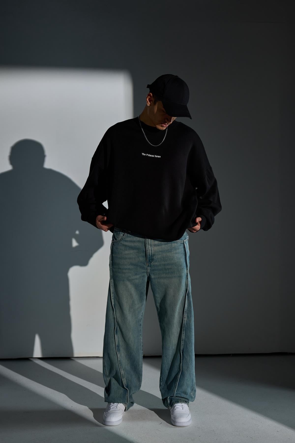 Şerit Detay Yıkama Efektli Baggy Jean Pantolon