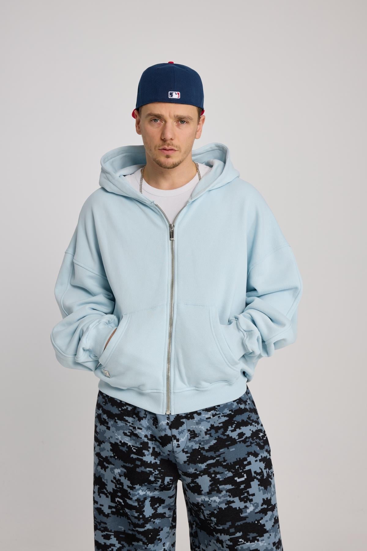 Açık Mavi Oversize Basic Zipper Hoodie