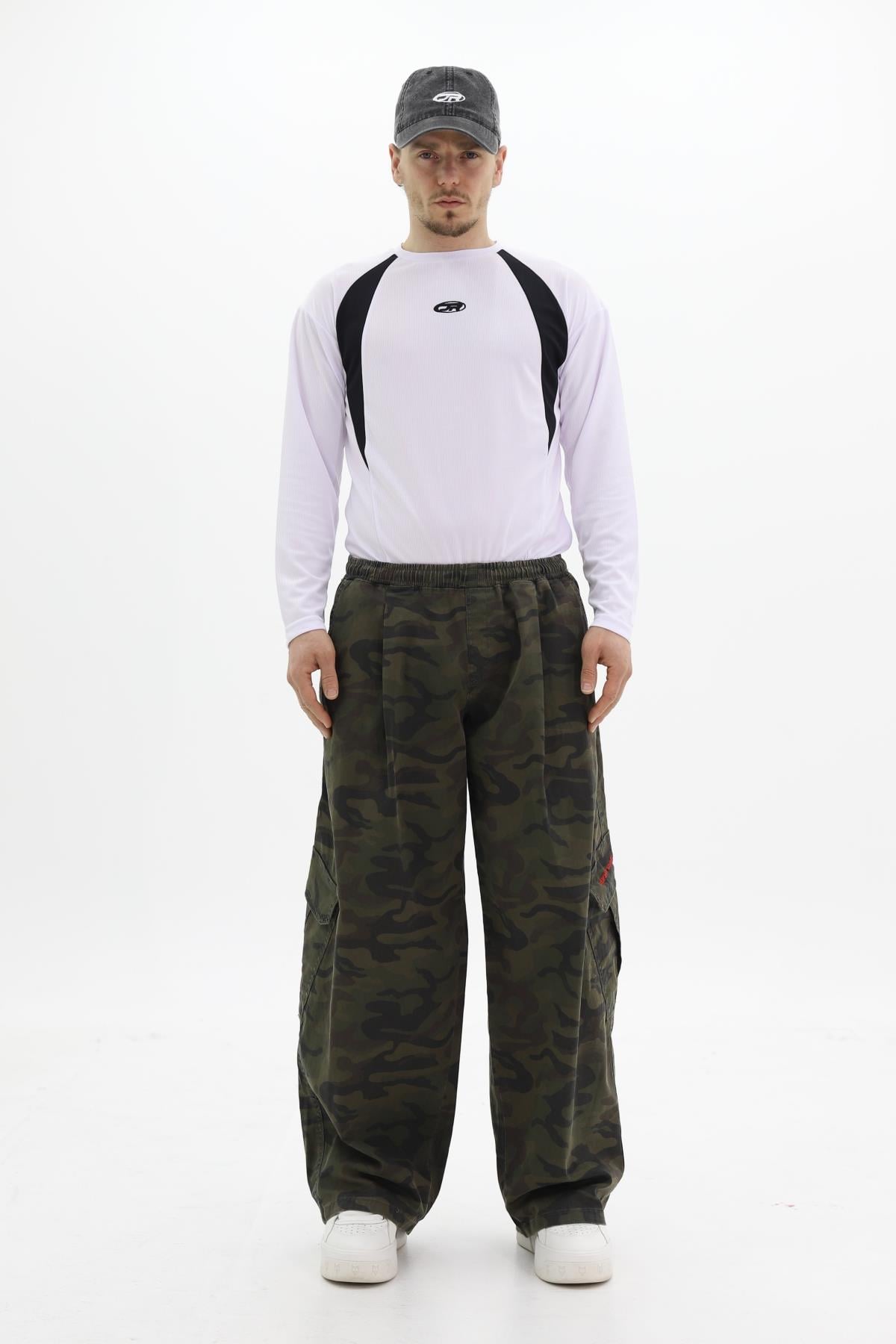 Kamuflaj Desenli Haki Low Waist Baggy Pantolon