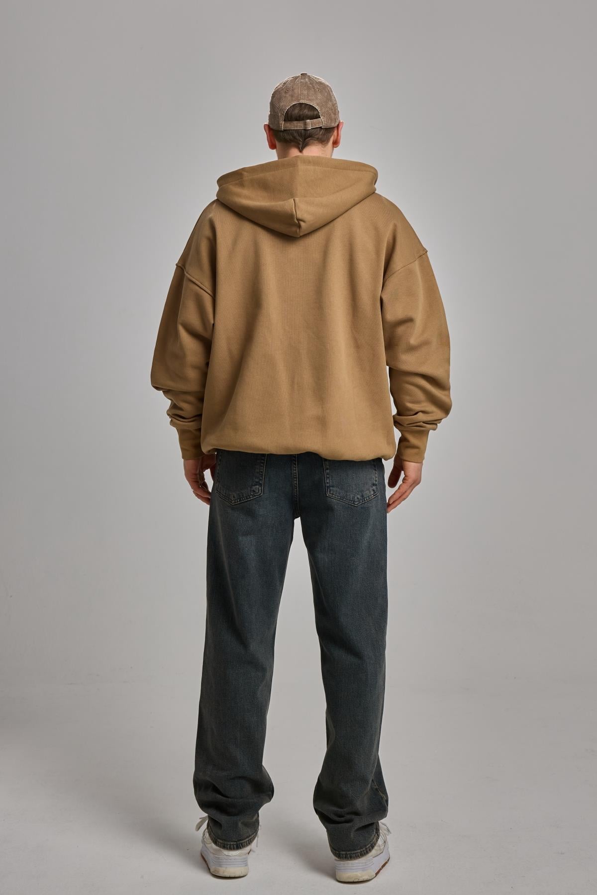 Nakışlı Kahverengi Oversize Zipper Hoodie