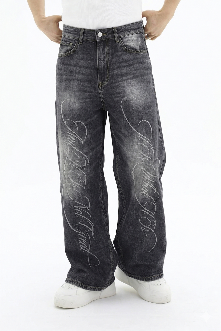 Graffiti Desen Acid Wash Füme Jean Pantolon