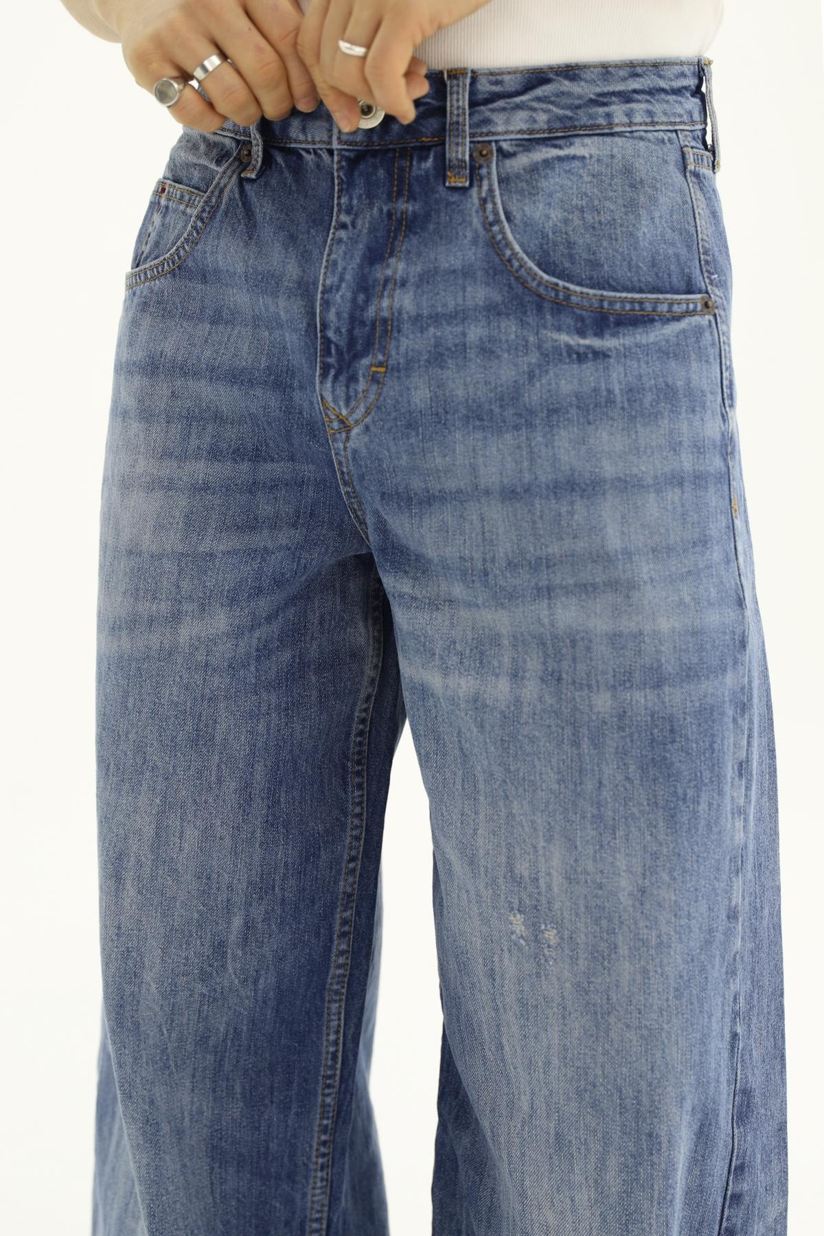Yıkama Efektli Yırtık Detay Baggy Jean Pantolon