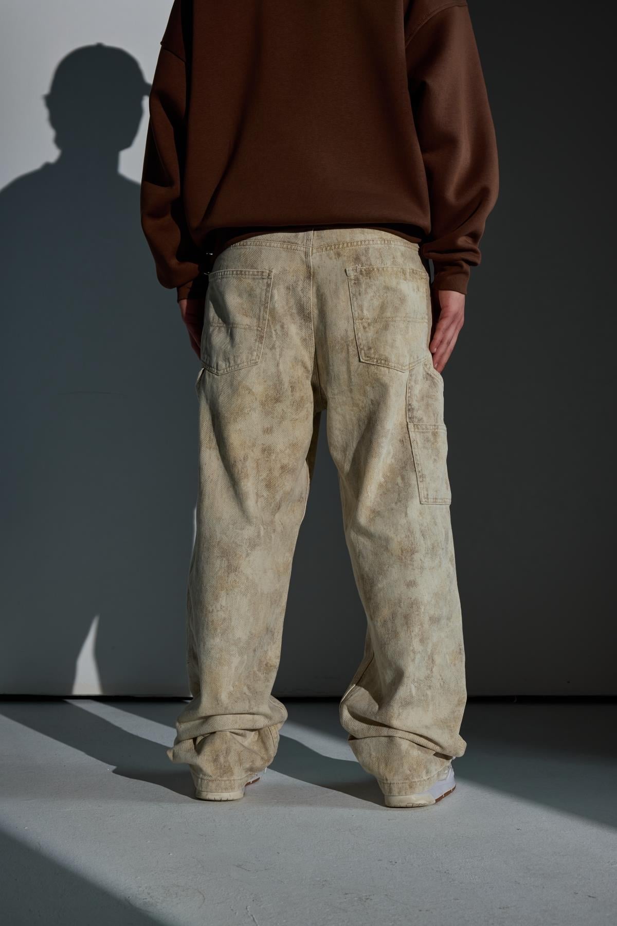 Blok Detay Desenli Krem Baggy Jean Pantolon