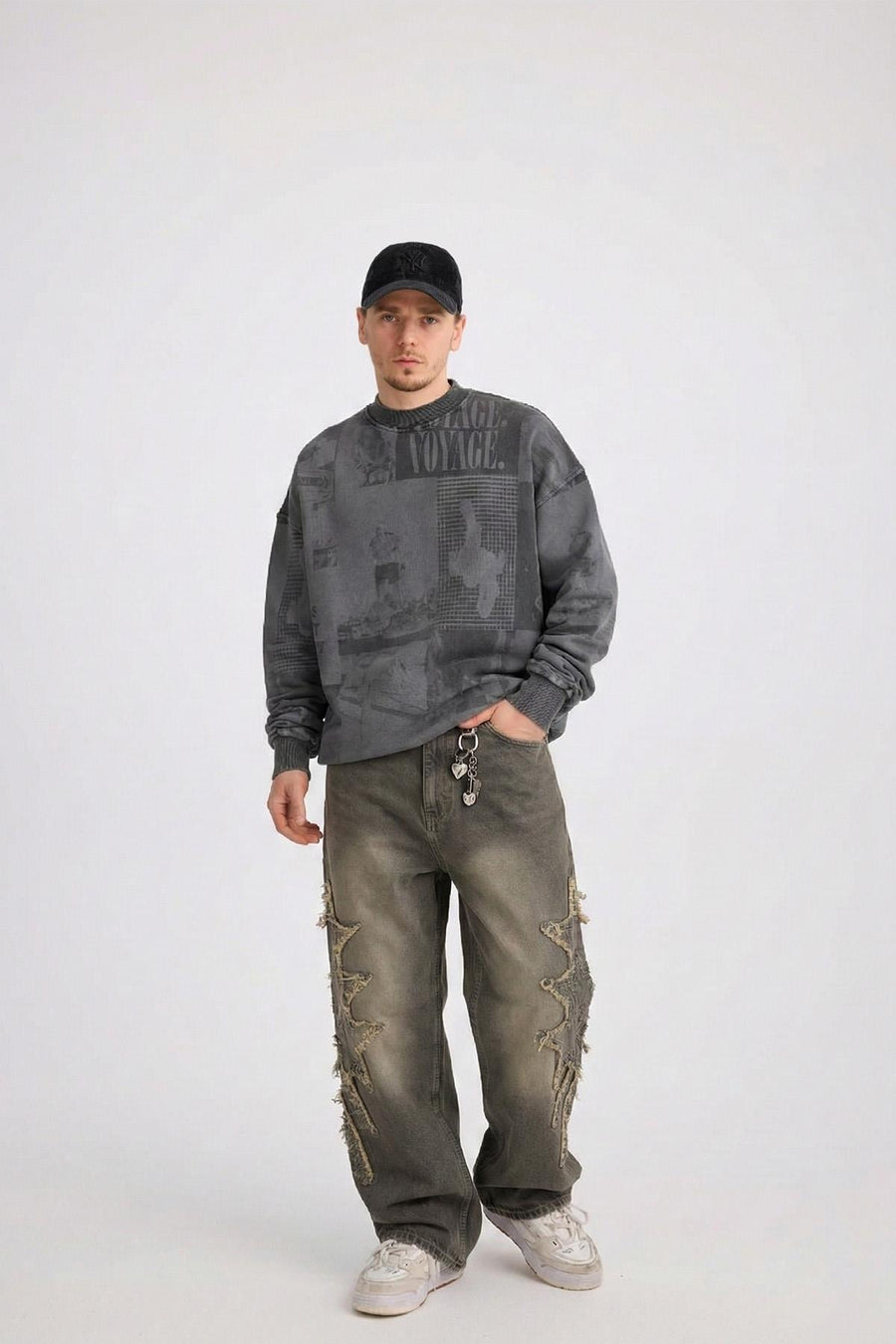 Yıldız Patch Detay Yıkama Efektli Baggy Jean Pantolon