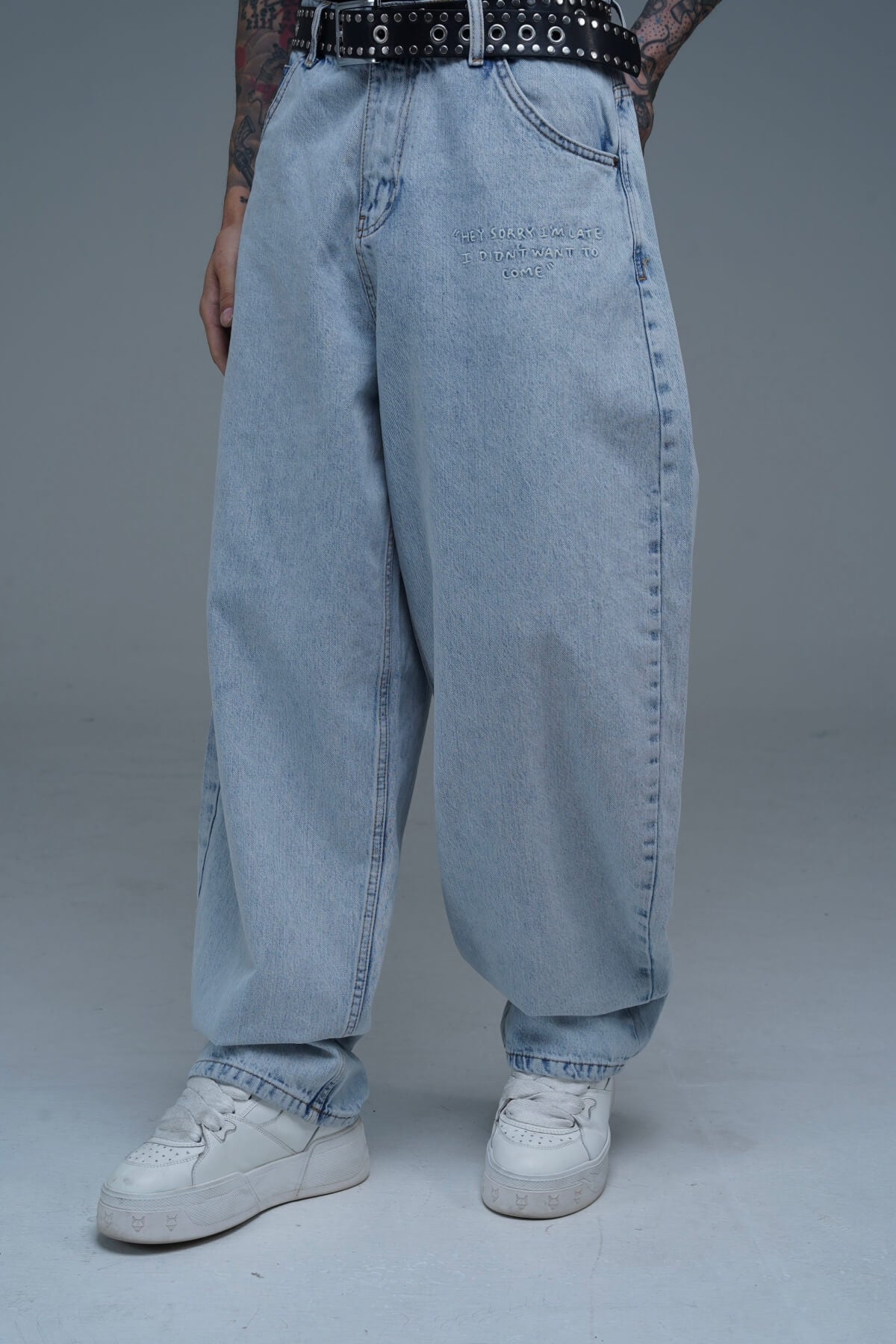 Nakış Detay Mavi Baggy Jean Pantolon CT01 6458-5