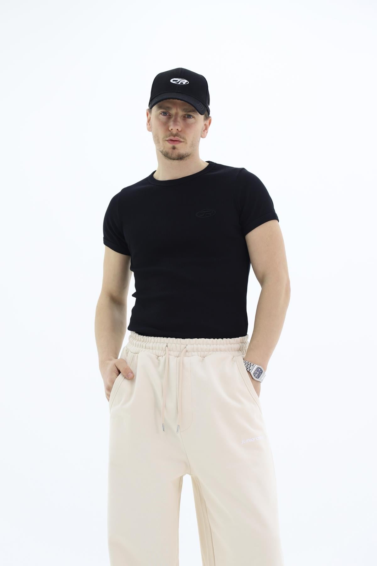 JR Logo Fitilli Kumaş Siyah Slim fit Tshirt