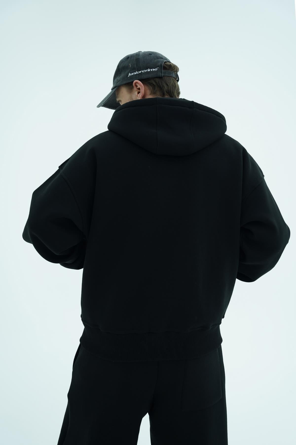 Jr Logo Boxy Kalıp Siyah Oversize Zipper Sweatshirt