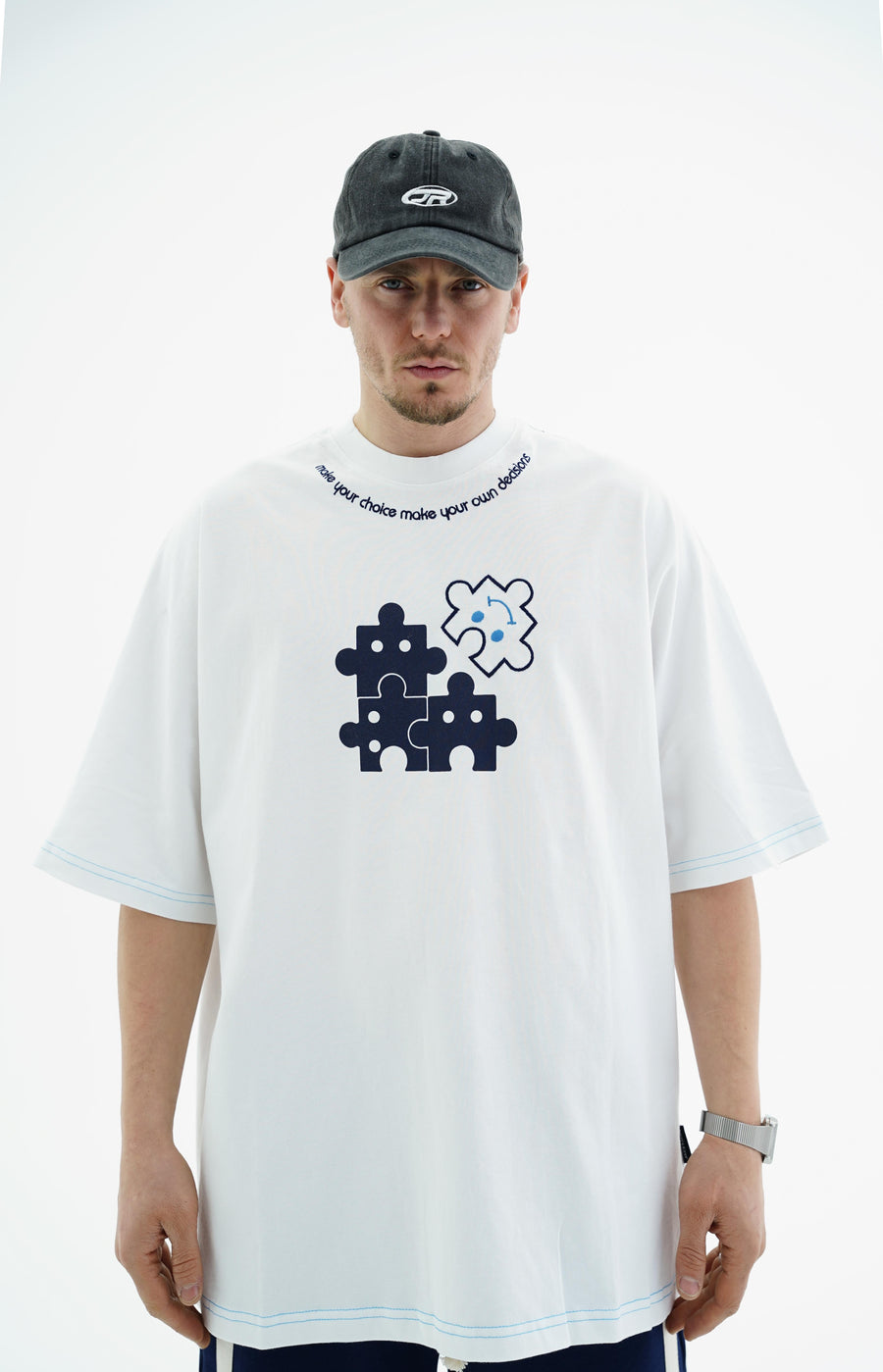 Puzzle Baskılı Beyaz Oversize Tshirt JC01 24Y262