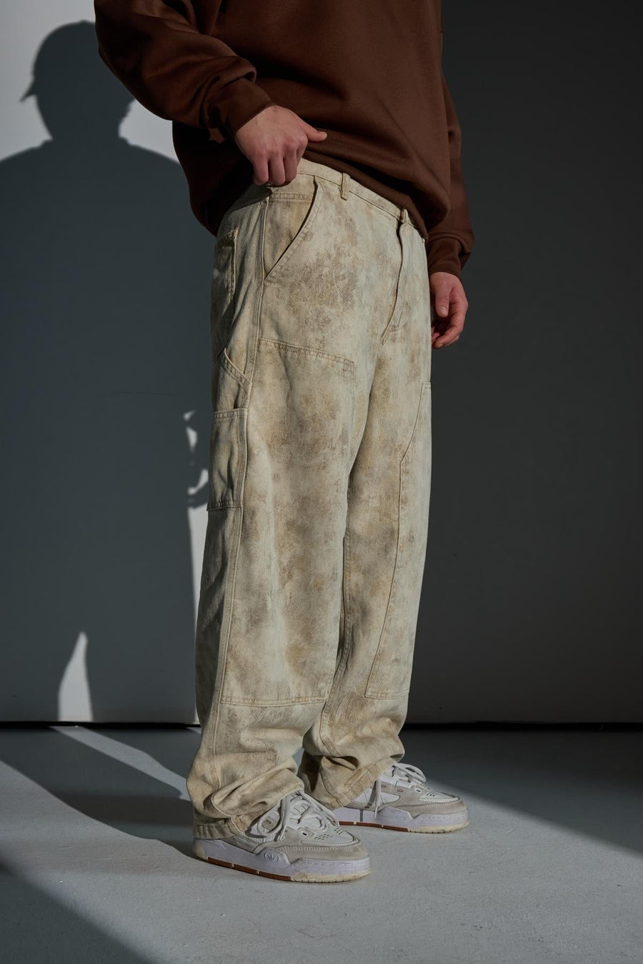Blok Detay Desenli Krem Baggy Jean Pantolon
