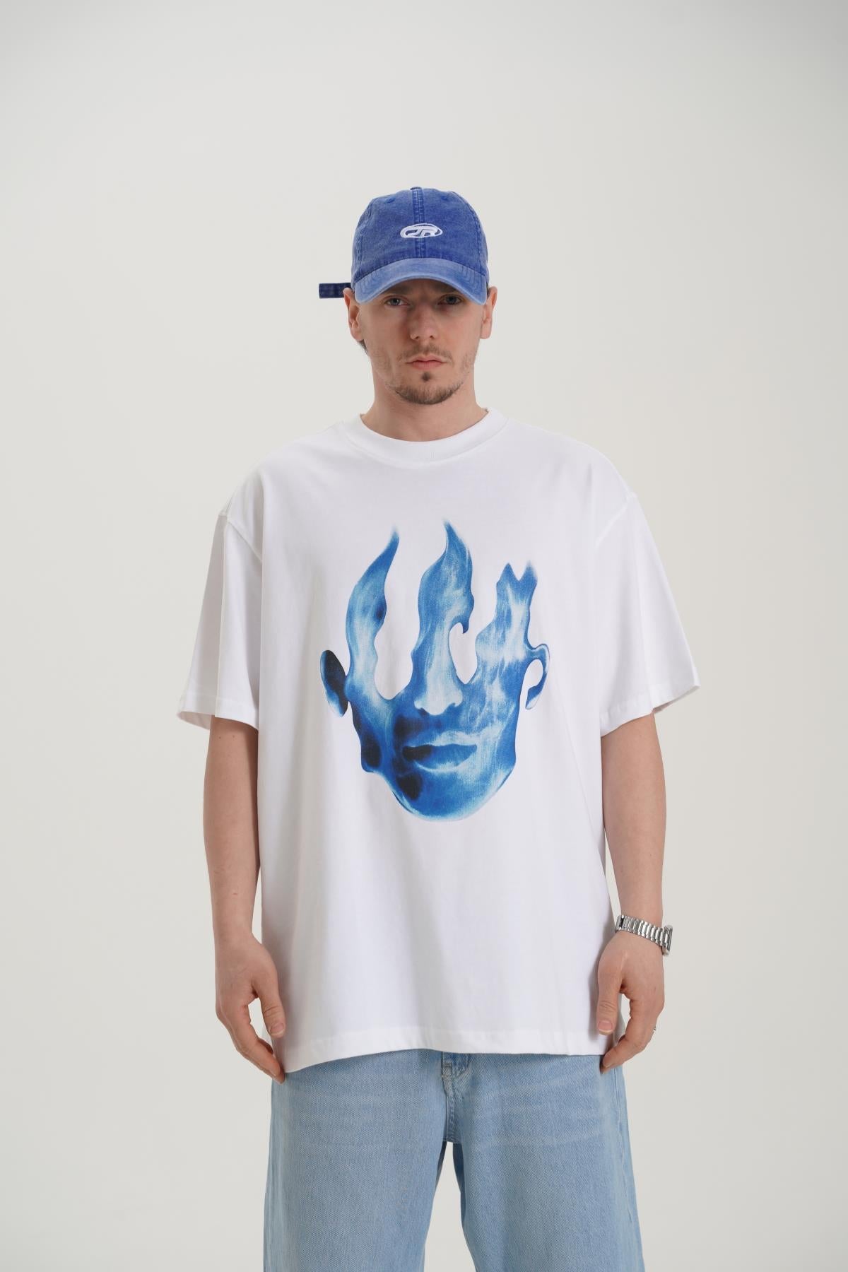 Fire Baskılı Beyaz Oversize Tshirt CT01 MRT26047