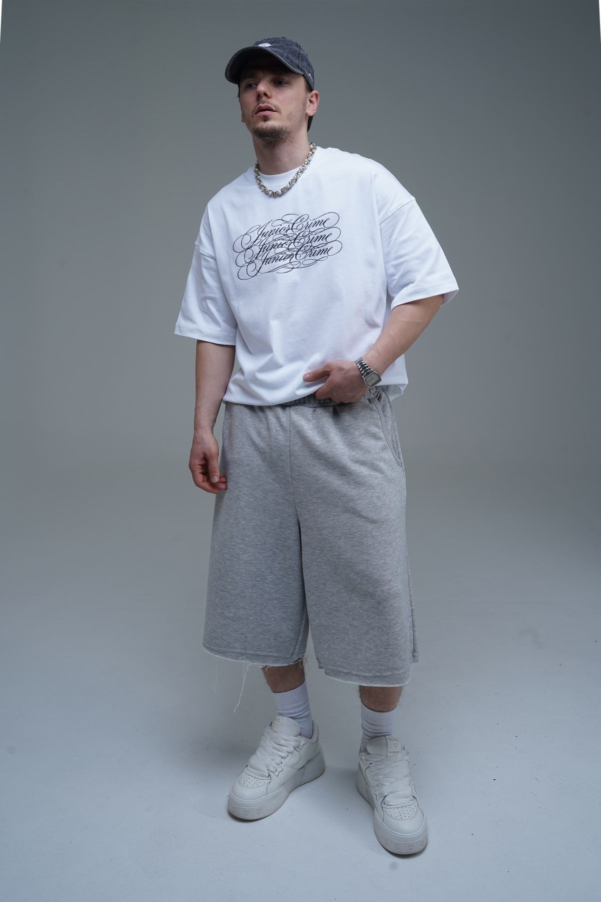 JR Nakışlı Gri Jogger Baggy Şort