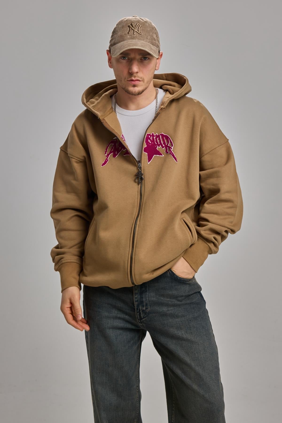 Nakışlı Kahverengi Oversize Zipper Hoodie